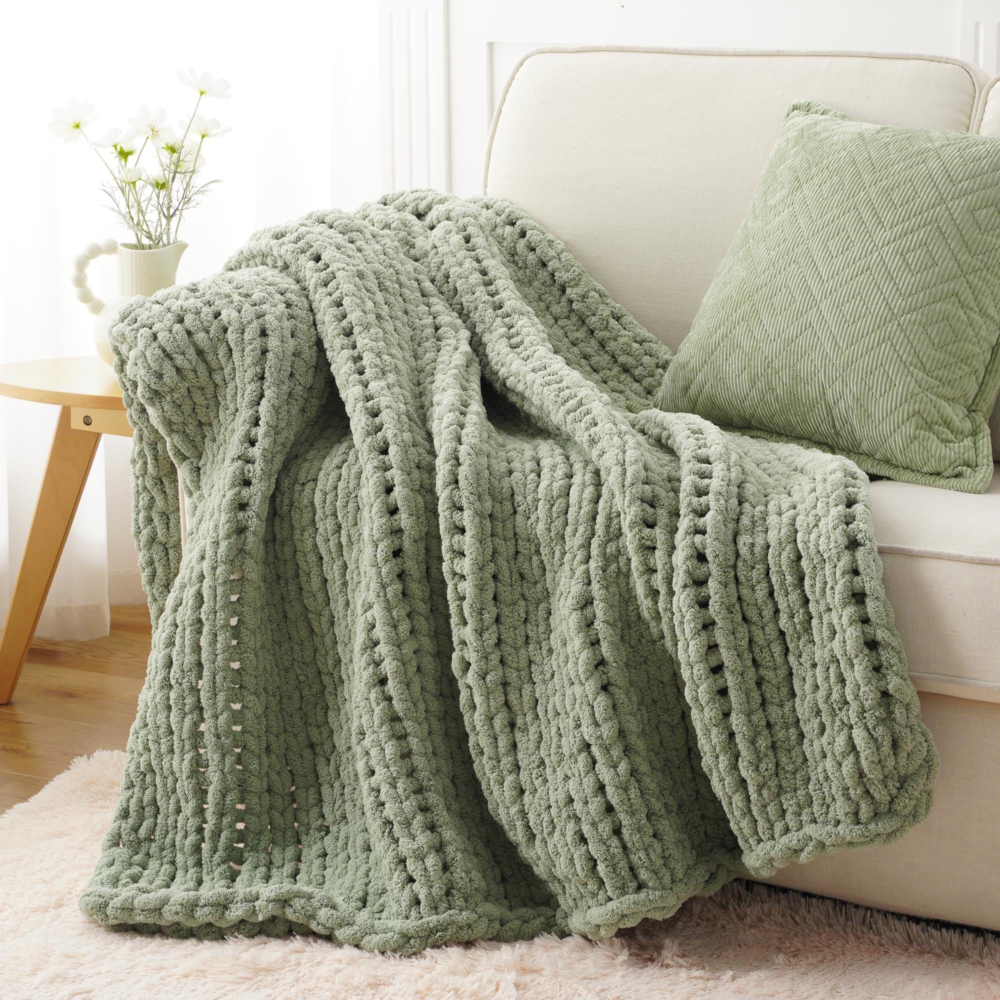 Battilo Chunky Knit Throw Blanket for Couch, Soft and Thick Chenille Throw Blanket, 50"x60" Handmade Cable Knit Crochet Blanket, Bluish Grey Knot Knitted Throw Blankets for Home Decor, Bluish Grey