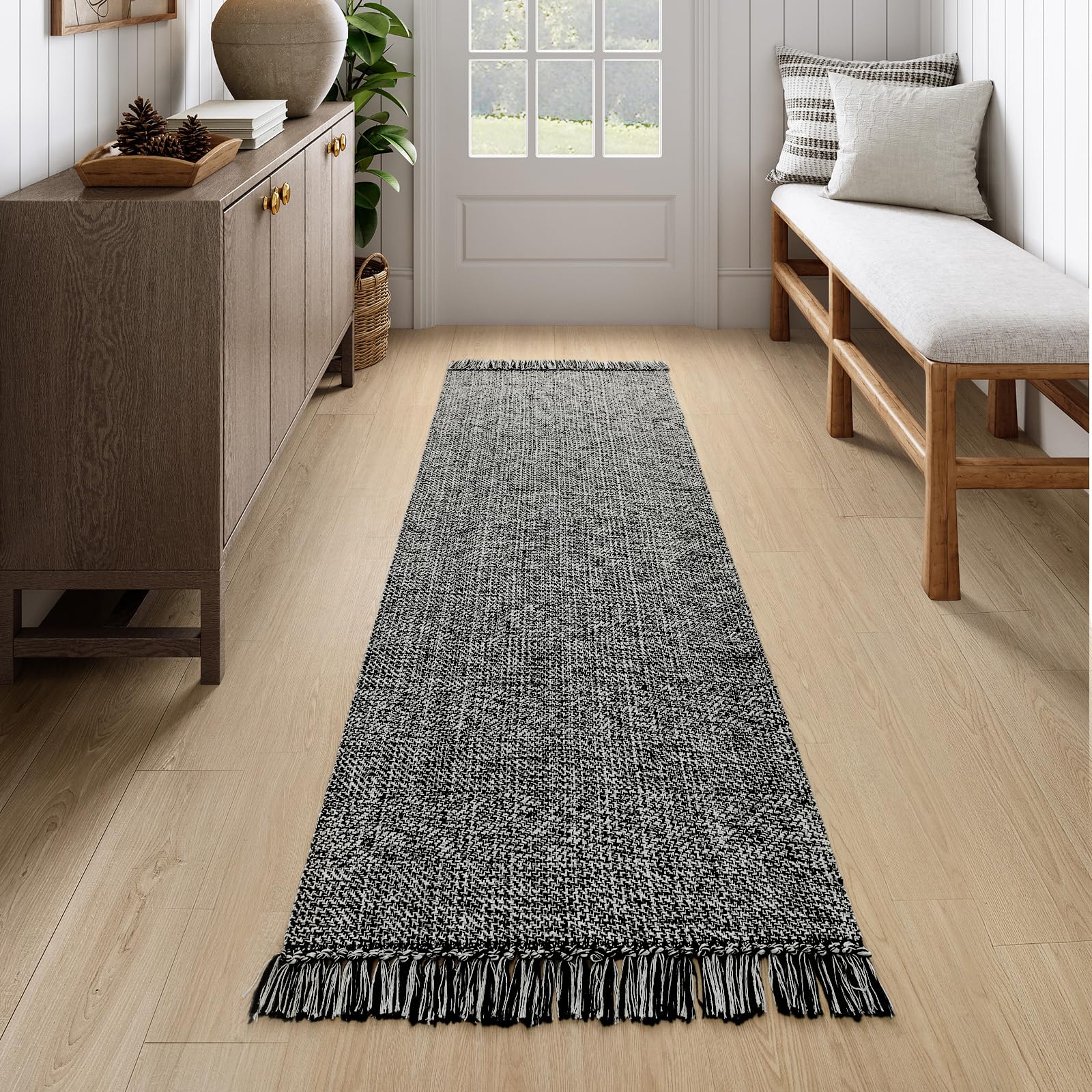 Collive Comfy Area Rug 4' x 6', Tan/Cream Woven Cotton Bedroom Rugs, Modern Indoor Accent Rug Floor Carpet with Tassel for Living Room, Nursery Room, Dining Room, Bedside, Office, Patio Decor
