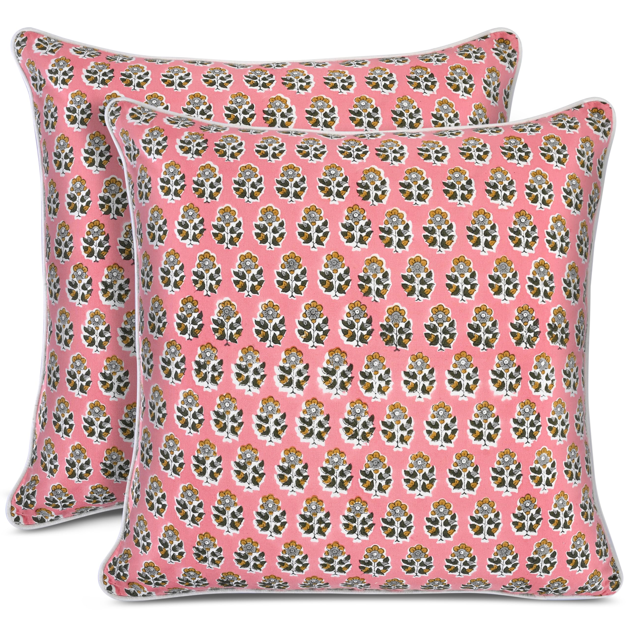 CPC 100% Cotton Throw Pillow Covers 24x24 Inch, Set of 2 Green Block Print Pattern Couch Pillow, Cute Boho Decorative Pillows for Living Room, Bedroom with Hidden Zipper- Emerald Green
