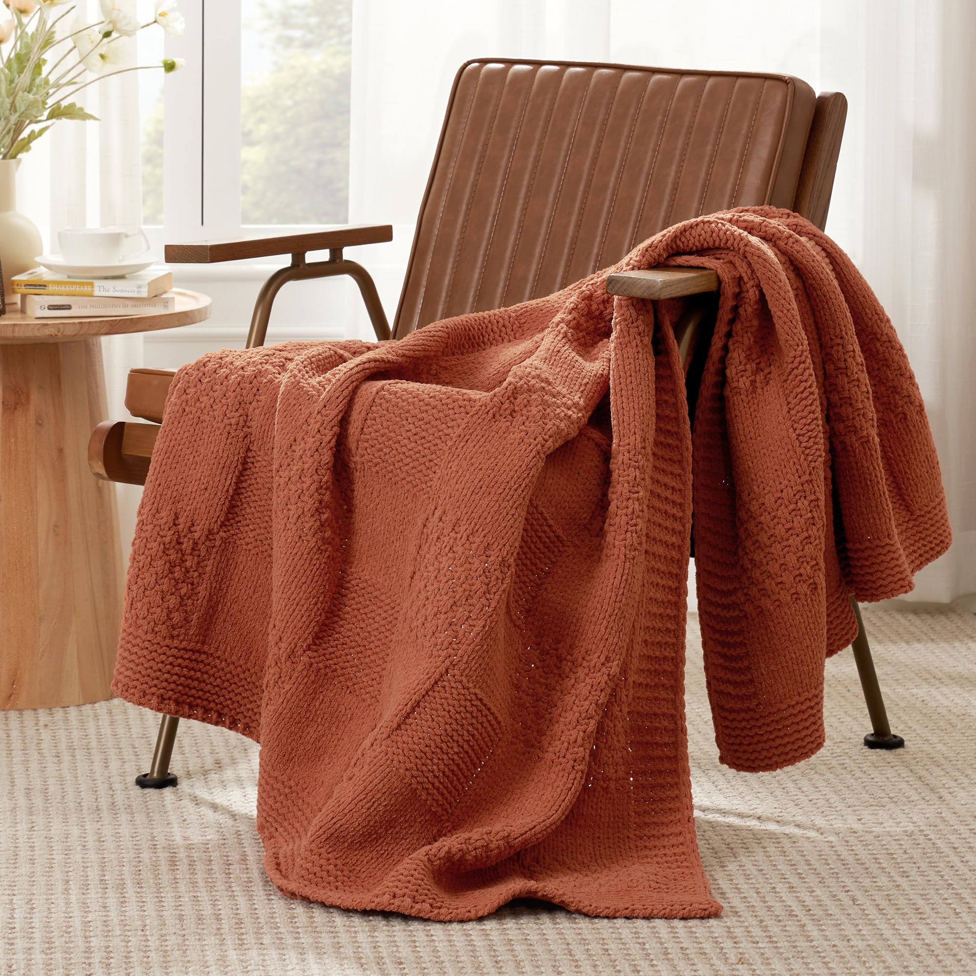 Sage Green Chunky Chenille Knit Throw Blanket 50x60 Inch Checkered Decor Blanket for Couch Bed