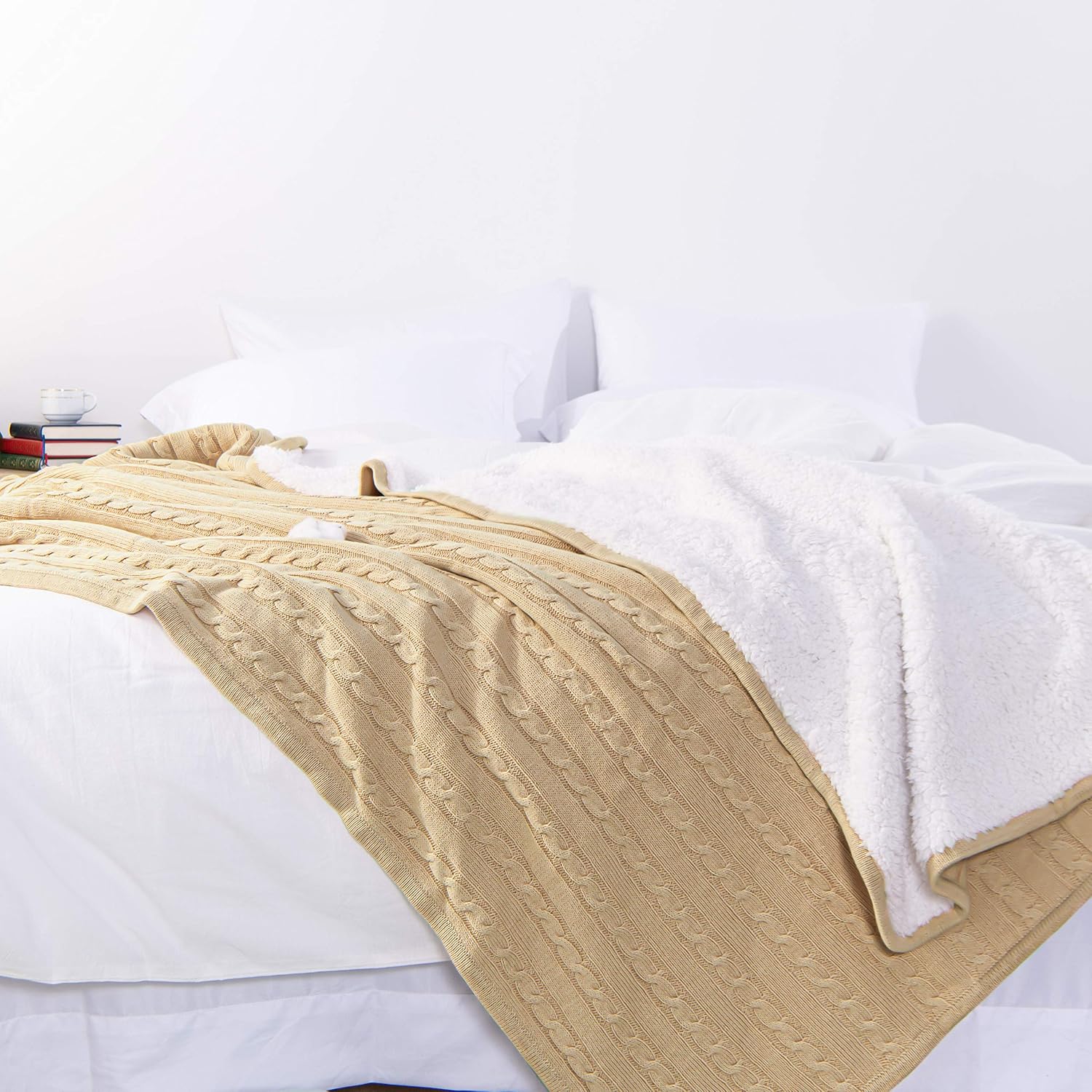 NTBAY Cotton Cable Knit Sherpa Throw Blanket for Couch (51"x67"), Soft Warm Fleece Knitted Throw for Bed, Sofa, Chair - Extra Cozy, Machine Washable, Comfortable Home Decor, Khaki