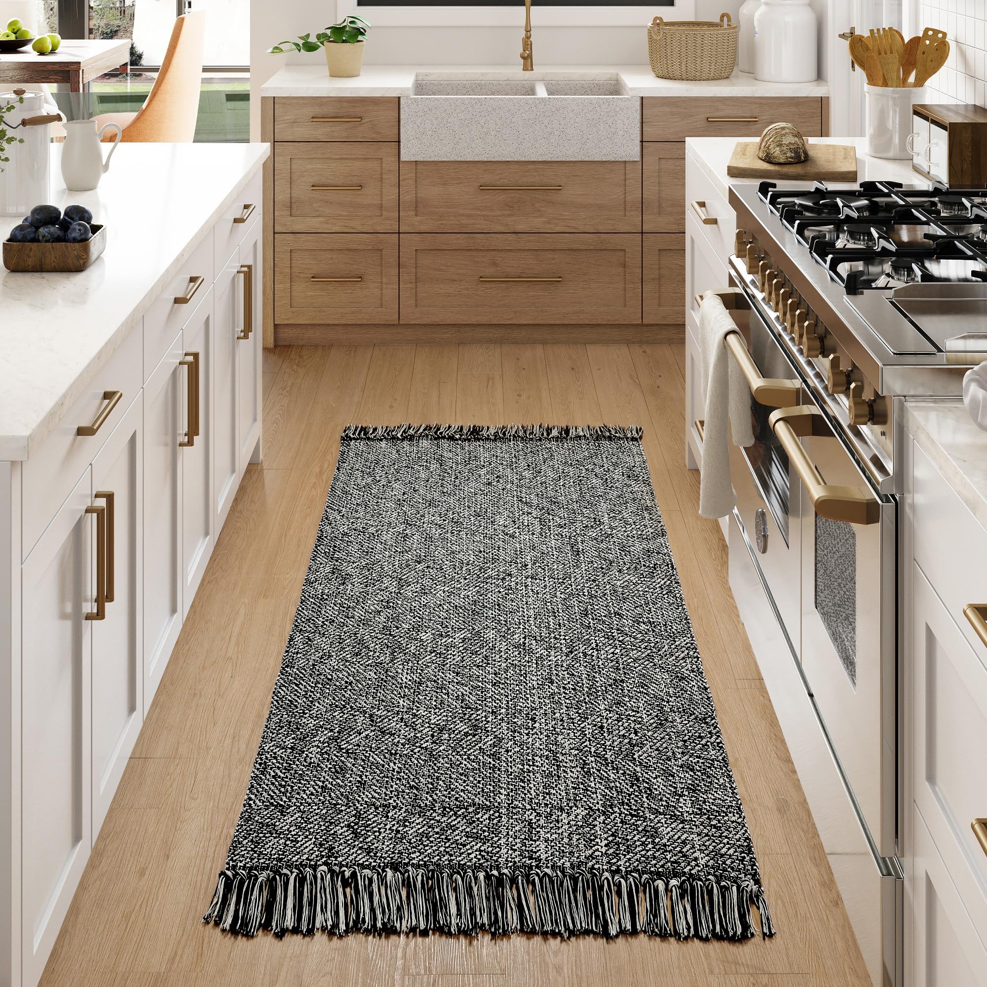 Collive Comfy Area Rug 4' x 6', Tan/Cream Woven Cotton Bedroom Rugs, Modern Indoor Accent Rug Floor Carpet with Tassel for Living Room, Nursery Room, Dining Room, Bedside, Office, Patio Decor