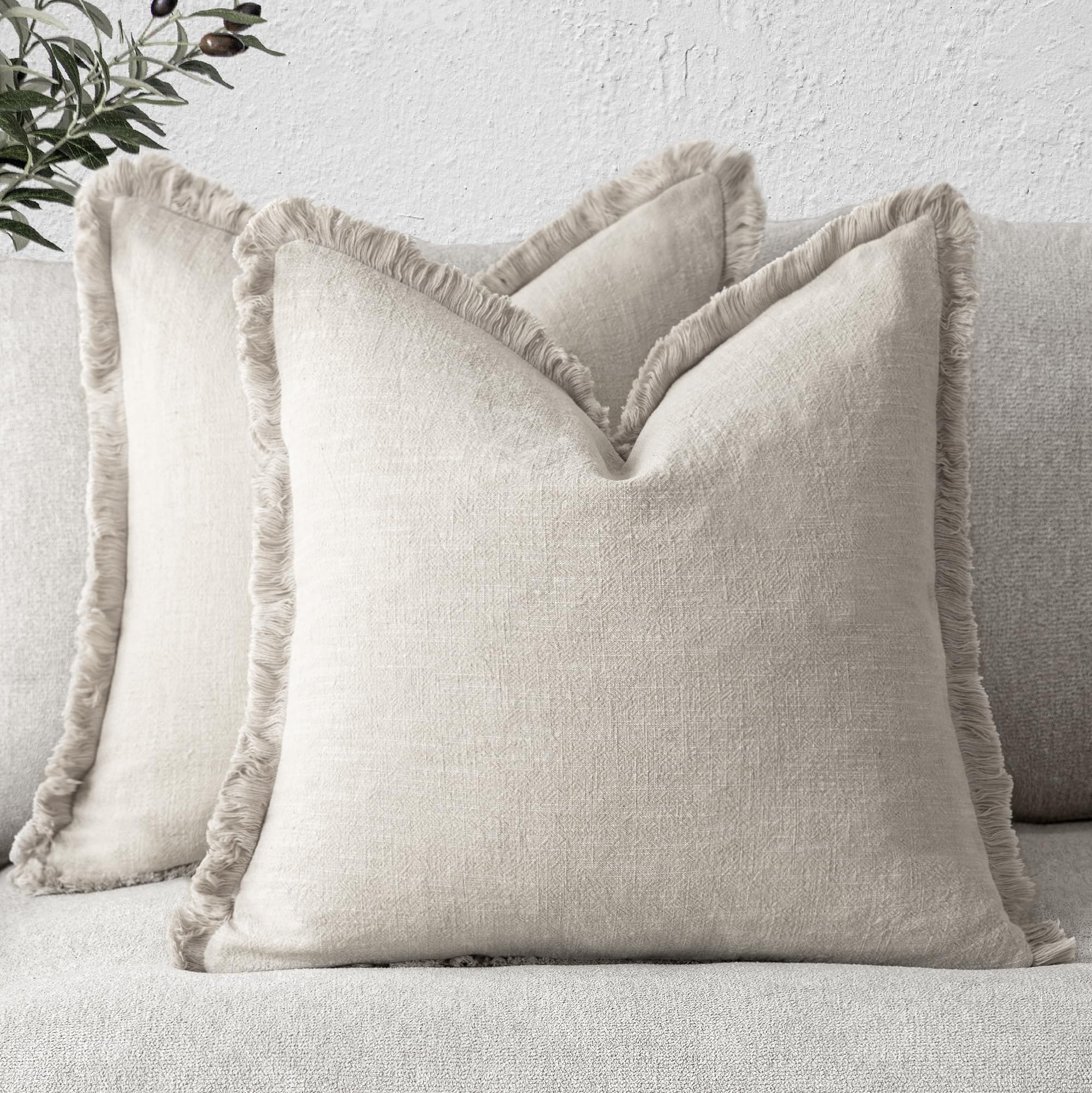 Foindtower Set of 2 Decorative Linen Fringe Throw Pillow Covers Boho Farmhouse Cushion Cover with Tassels Soft Accent Pillowcase for Couch Chair Sofa Bed Living Room Home Decor,20×20 Inch,Sky Blue