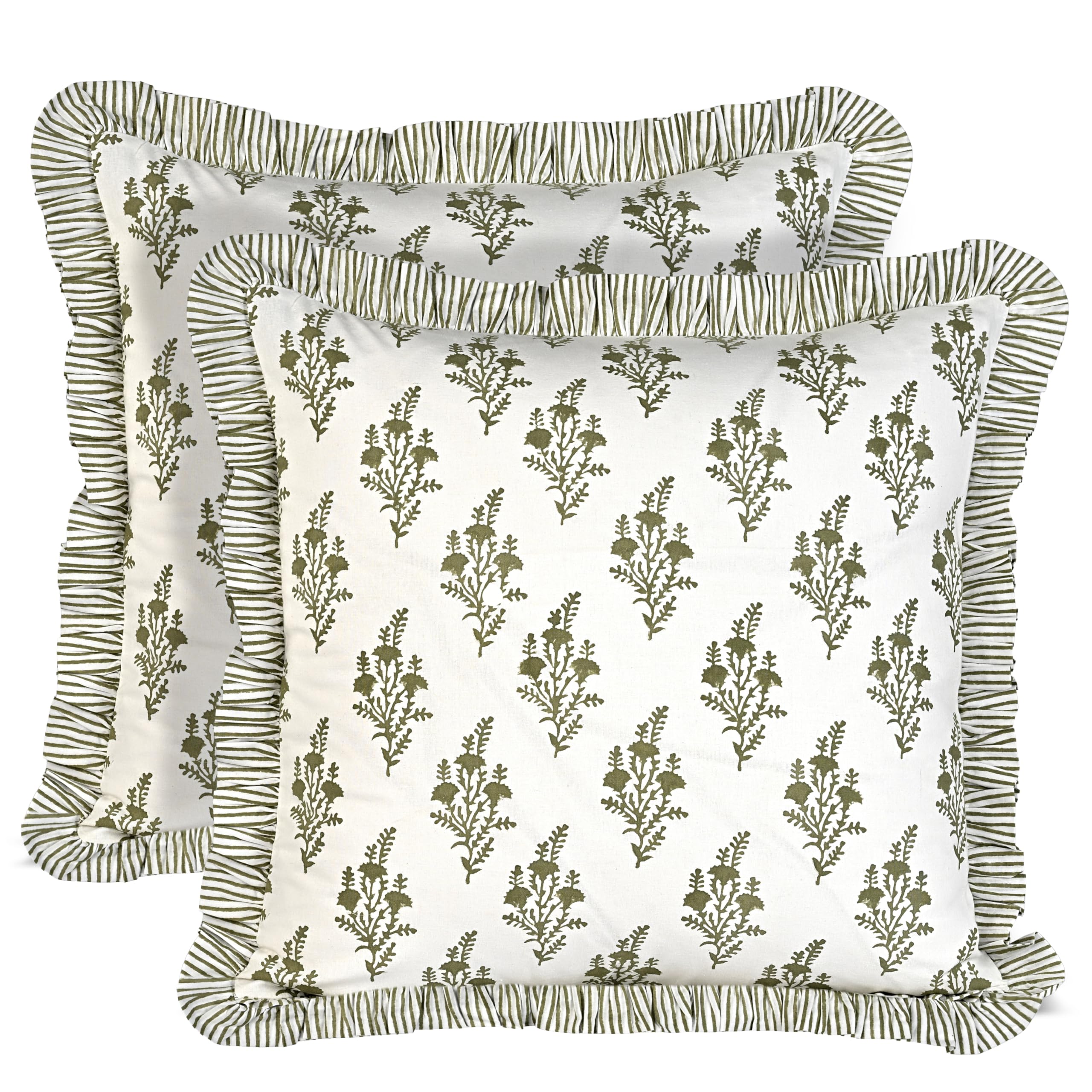 Ridhi Block Print Light Steel Blue Throw Pillow Cover 18" x 18" (Pack of 2) Decorative Cushion Covers with Ruffle for Couch, Sofa, Bed, Living Room, Home Decor Gift for Spring, Easter, Valentine