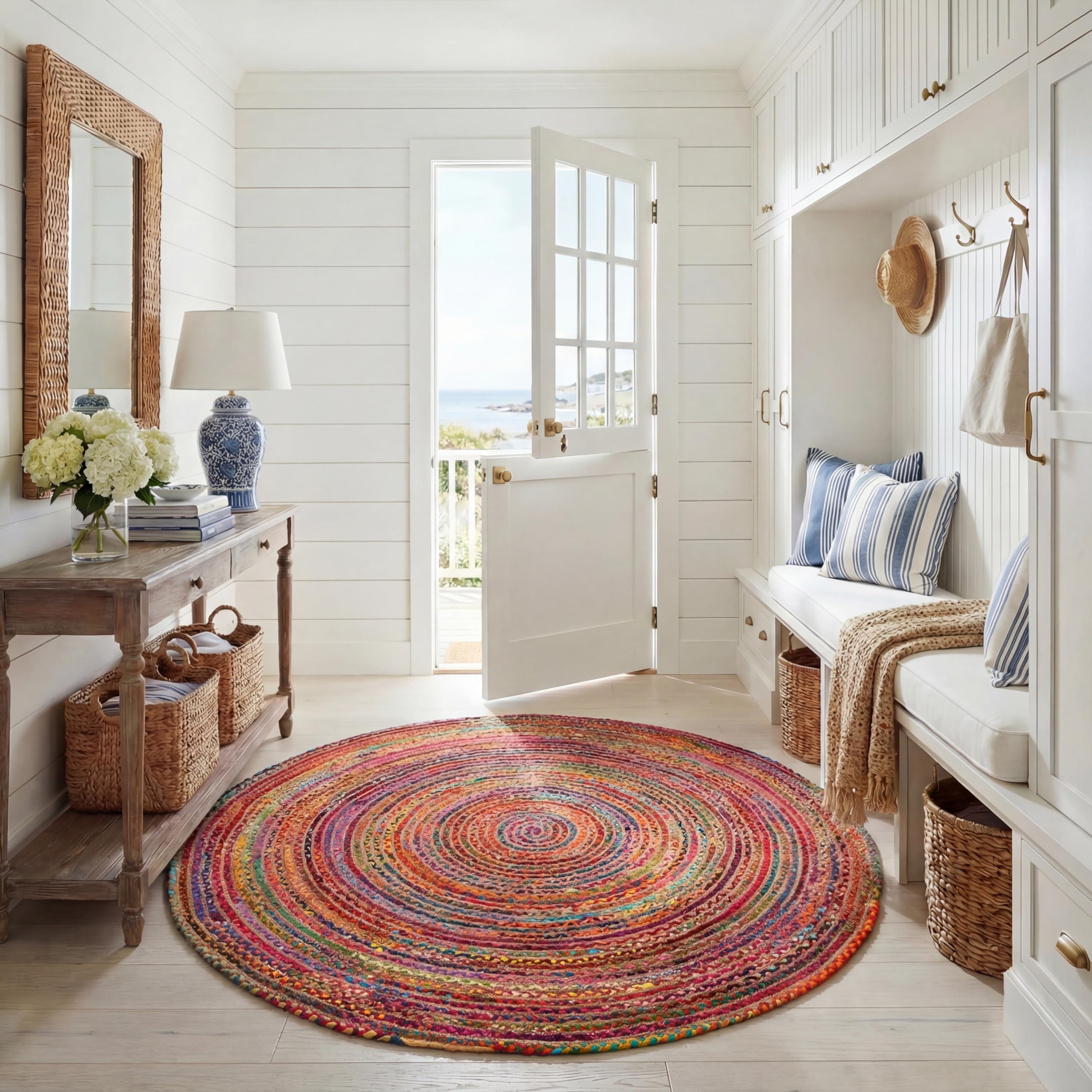 SAFAVIEH Area Rug 4x6 - Cape Cod Collection - Beige & Multi, Handmade Jute & Cotton, Woven Braided Design (CAP202B)