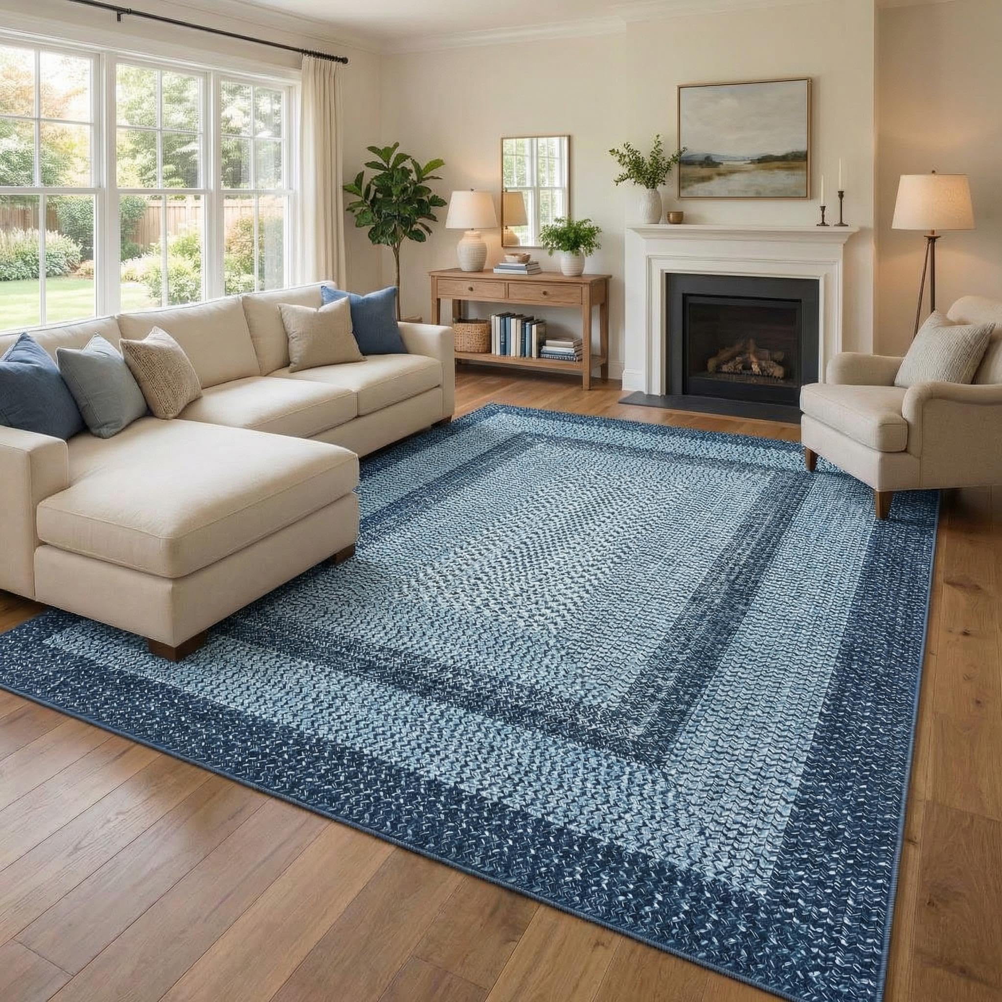 8x10 Natural Braided Washable Farmhouse Rug Non Slip Stain Resistant Low Pile Carpet