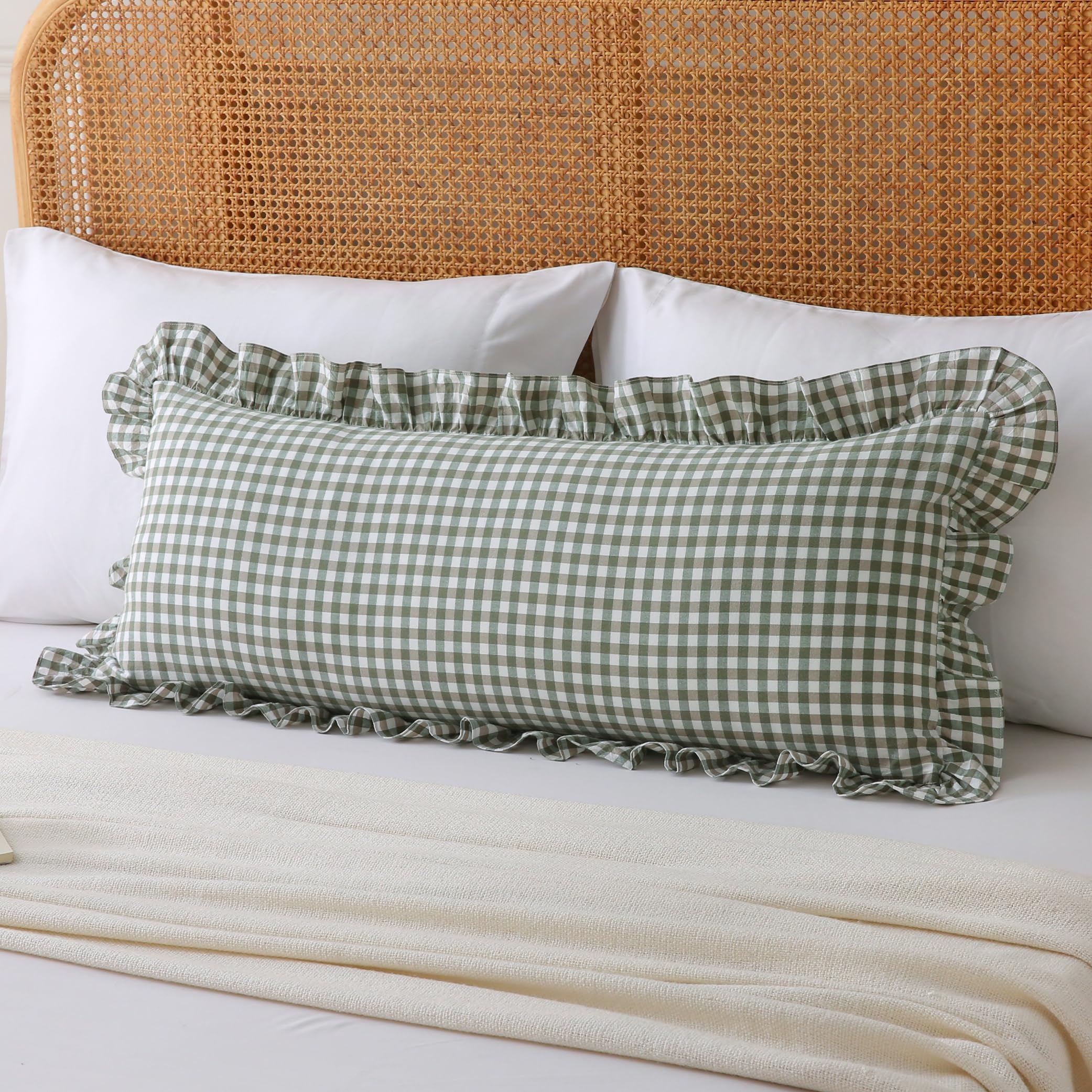 18x18 Taupe White Checkered Cotton Pillow Covers Ruffle Trim Zipper Decor Cushion Cases Set of 2