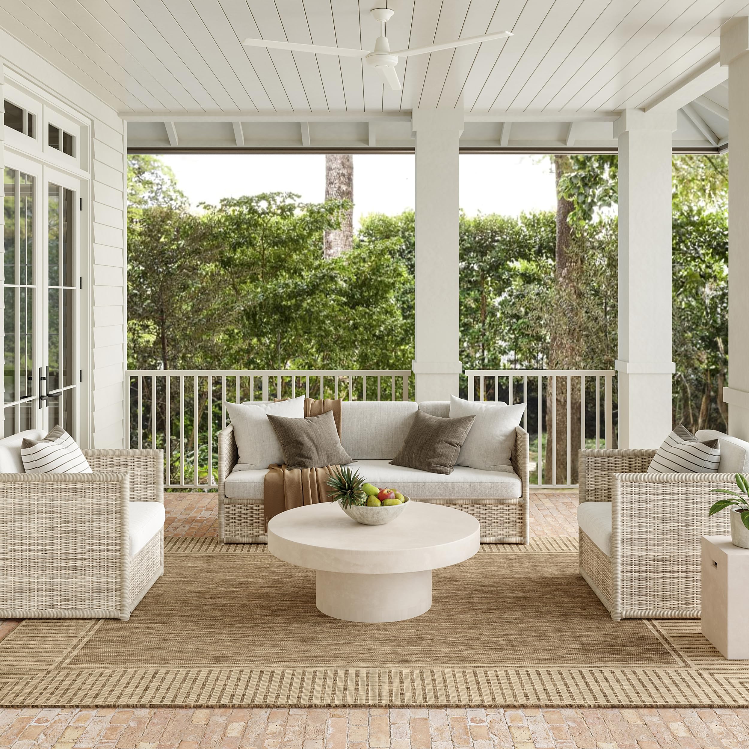 Nuloom Asha Light Brown/Ivory, 8' x 10', Casual, Striped Border, Soft and Cozy, High Traffic, Easy Clean, Durable Area Rug for Indoor/Outdoor Patio, Deck, Porch, Garden, Courtyard