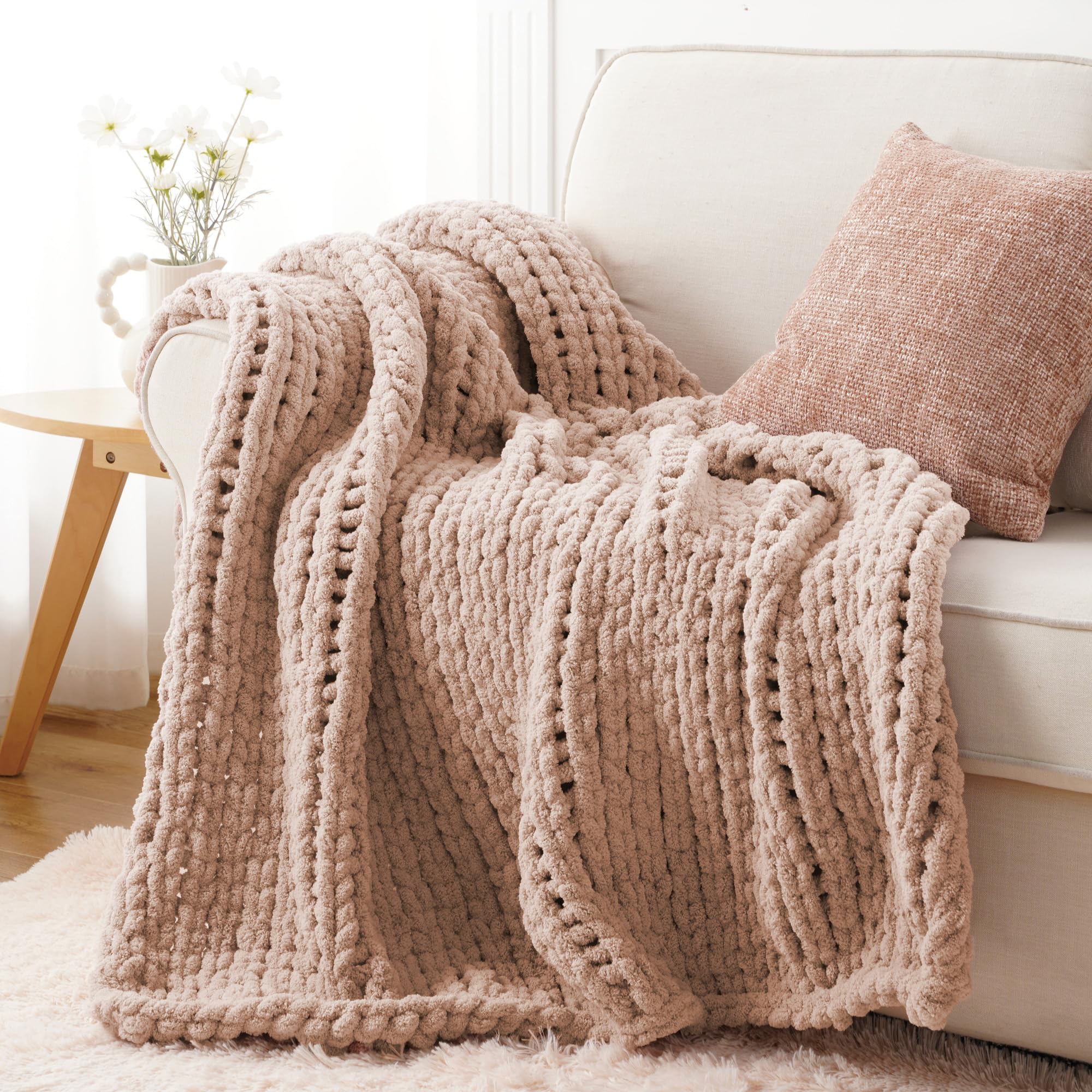 Battilo Chunky Knit Throw Blanket for Couch, Soft and Thick Chenille Throw Blanket, 50"x60" Handmade Cable Knit Crochet Blanket, Bluish Grey Knot Knitted Throw Blankets for Home Decor, Bluish Grey