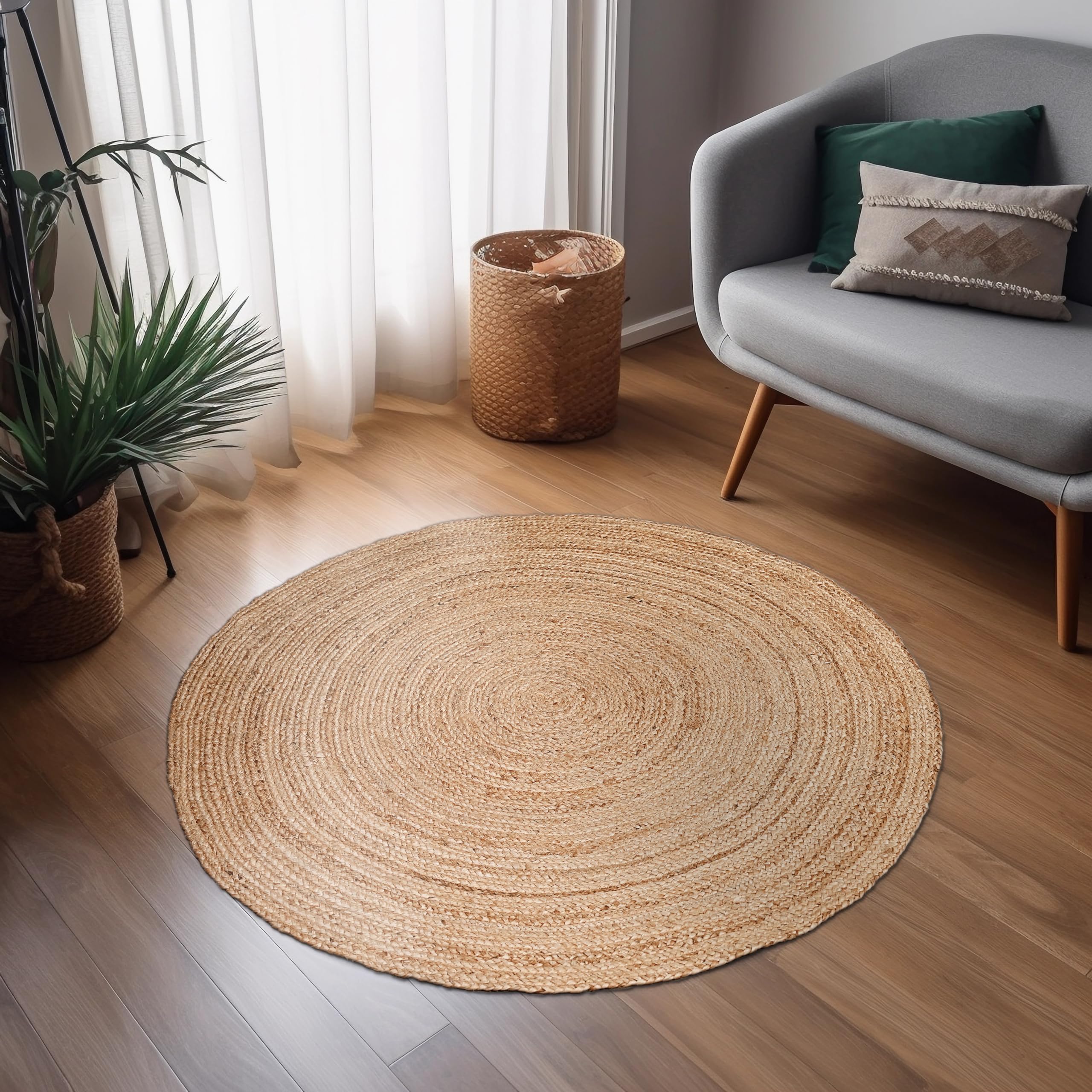 Hausattire Hand Woven Jute Braided Rug, 4’ Round – Natural, Reversible Boho Entry Area Rugs for Kitchen, Living Room I Farmhouse Decorative Floor Rug, 4 Feet Round