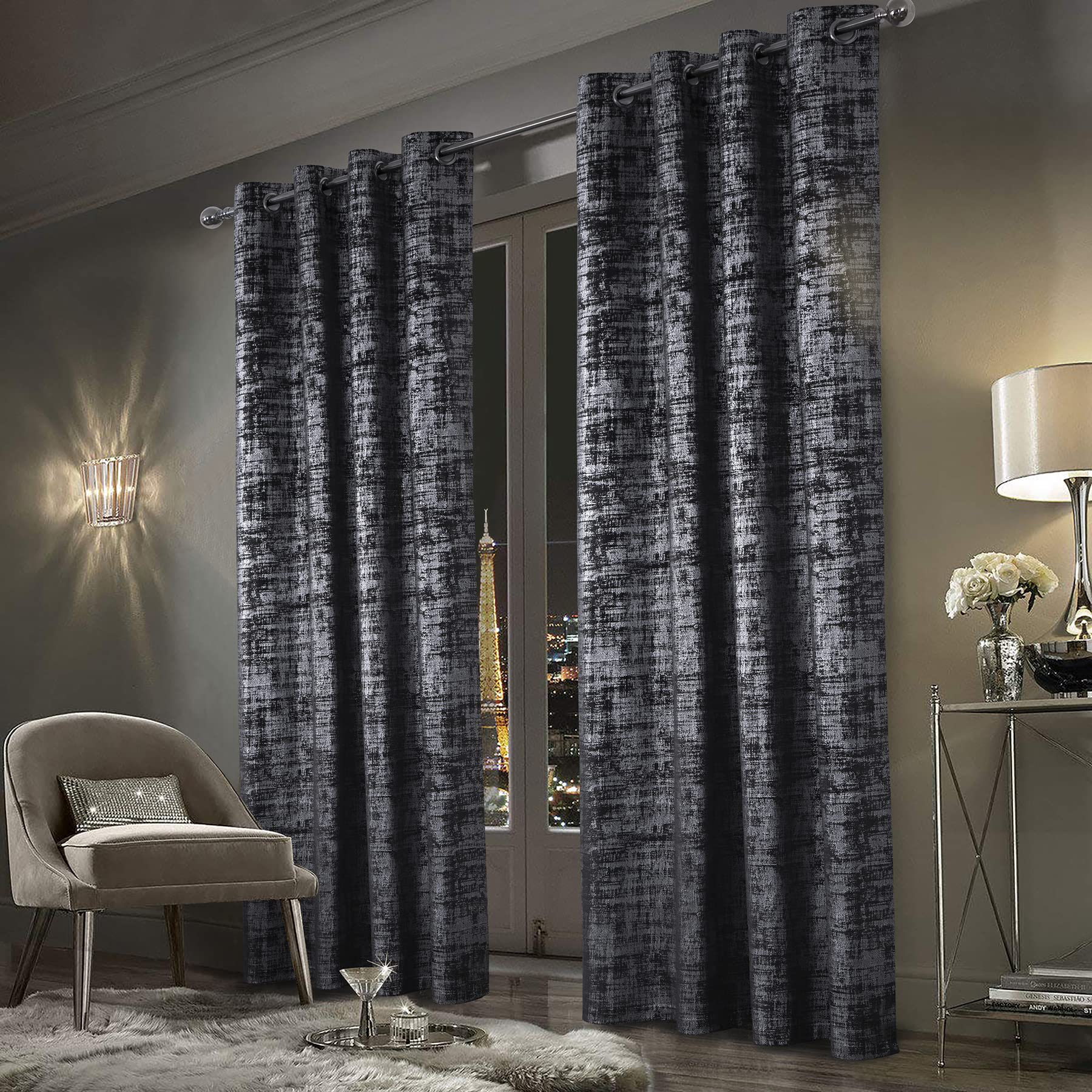 Mocha Velvet 108" Long Curtains with Gold Foil Print Set of 2 Luxury Window Treatments