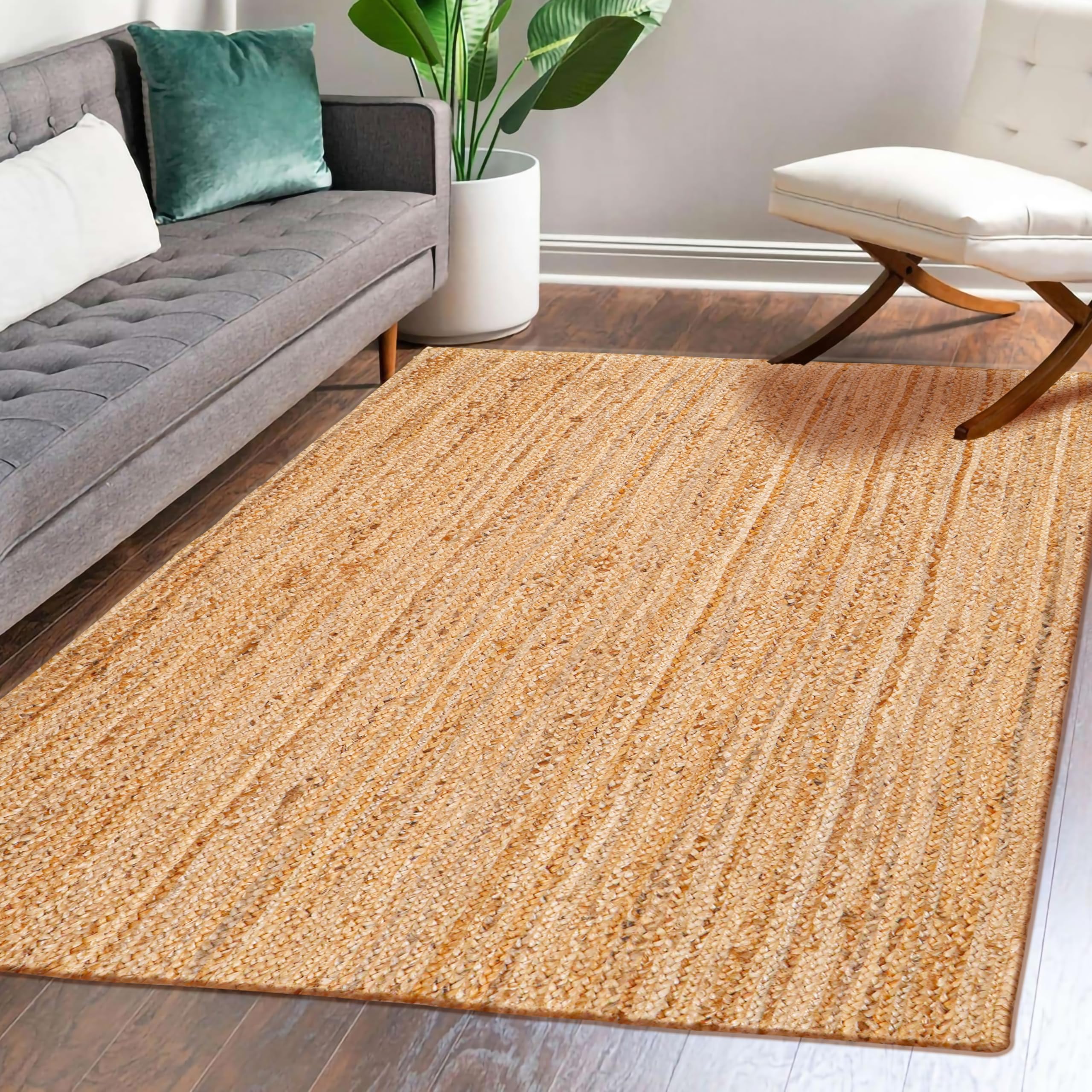 Hausattire Hand Woven Jute Braided Rug, 4’ Round – Natural, Reversible Boho Entry Area Rugs for Kitchen, Living Room I Farmhouse Decorative Floor Rug, 4 Feet Round