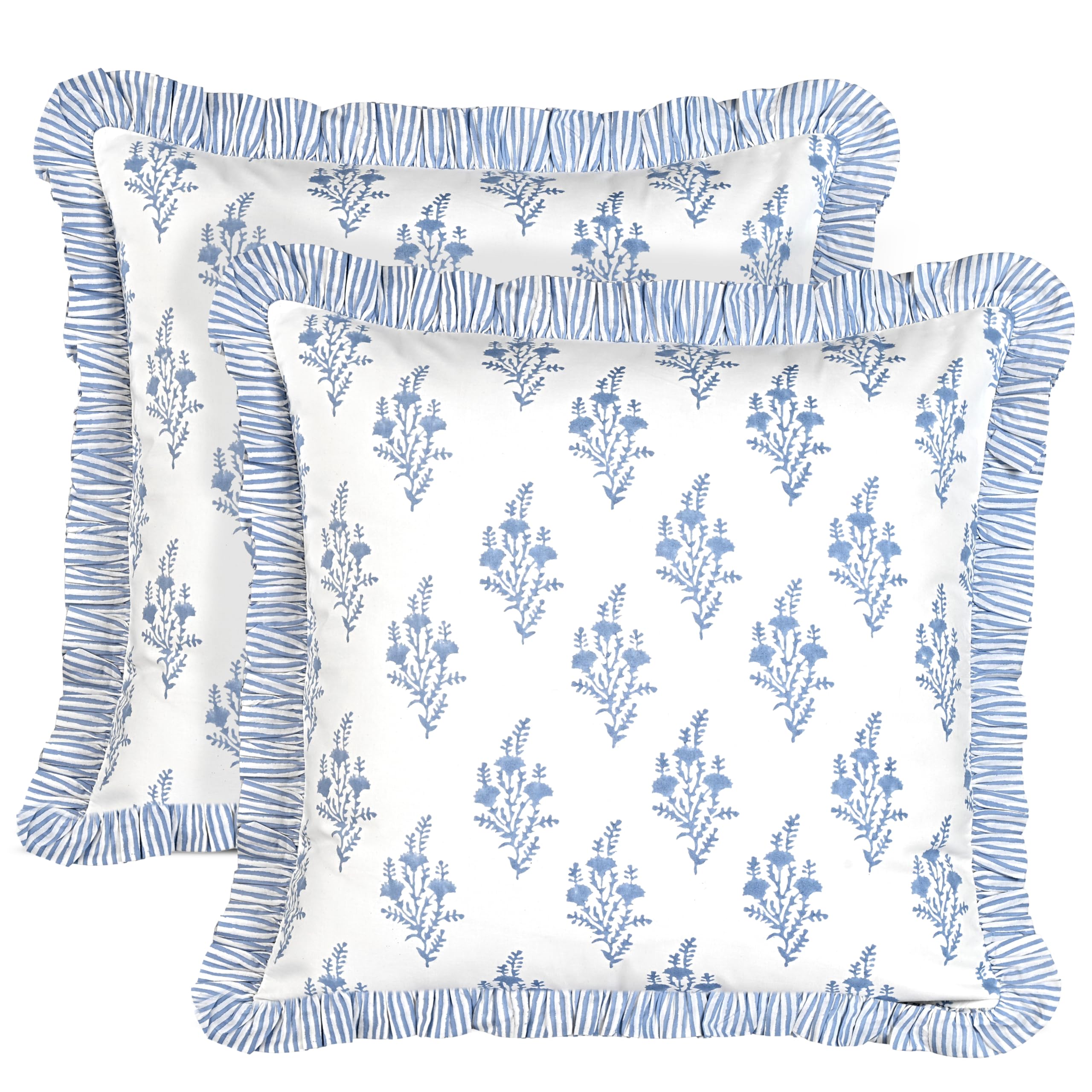 Ridhi Block Print Light Steel Blue Throw Pillow Cover 18" x 18" (Pack of 2) Decorative Cushion Covers with Ruffle for Couch, Sofa, Bed, Living Room, Home Decor Gift for Spring, Easter, Valentine