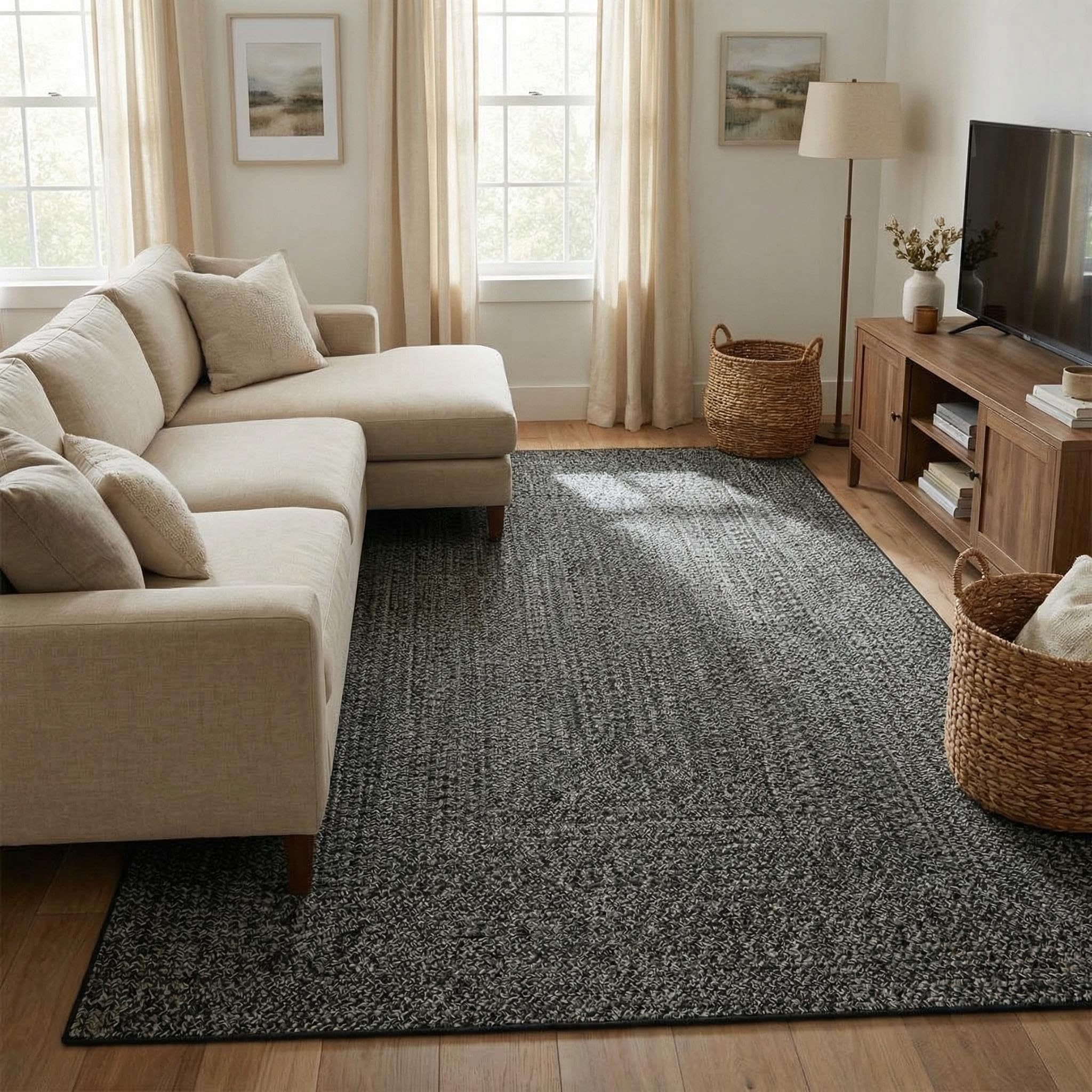 8x10 Natural Braided Washable Farmhouse Rug Non Slip Stain Resistant Low Pile Carpet