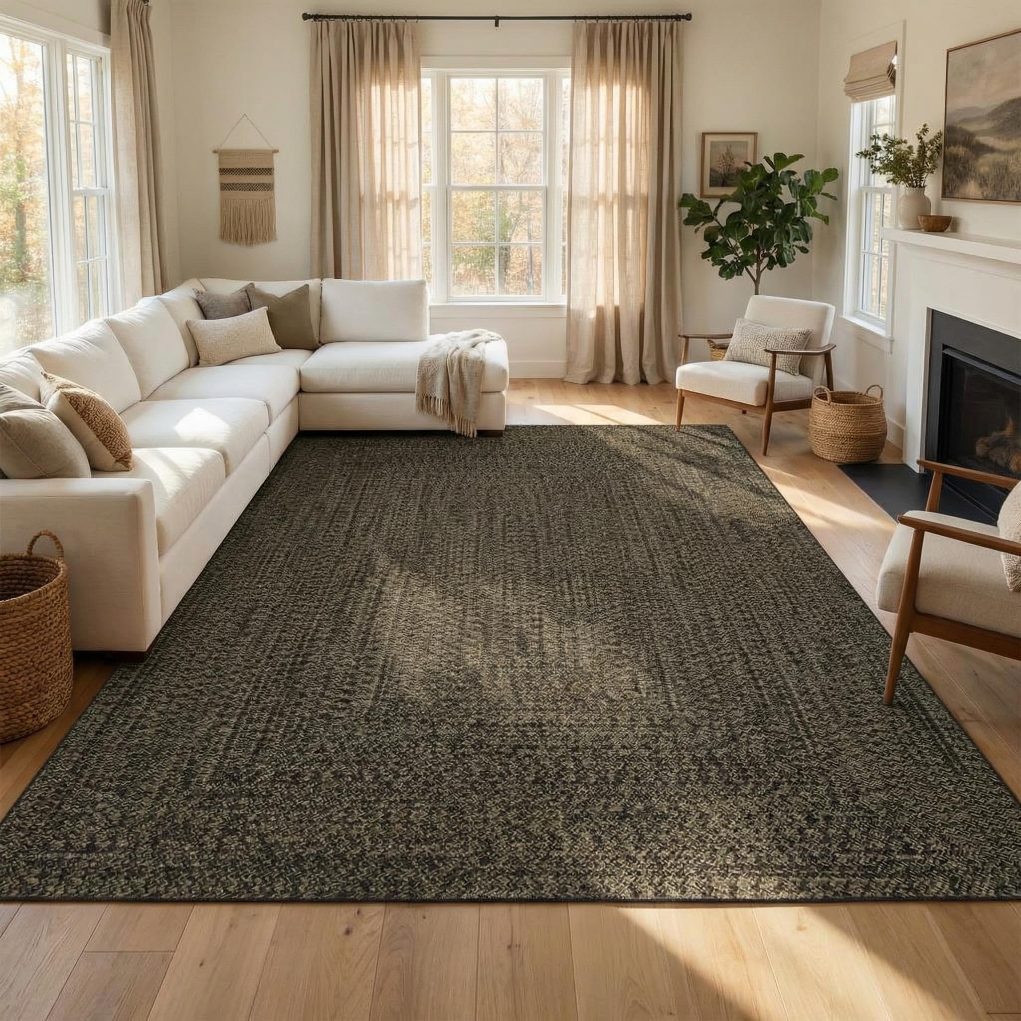 8x10 Natural Braided Washable Farmhouse Rug Non Slip Stain Resistant Low Pile Carpet