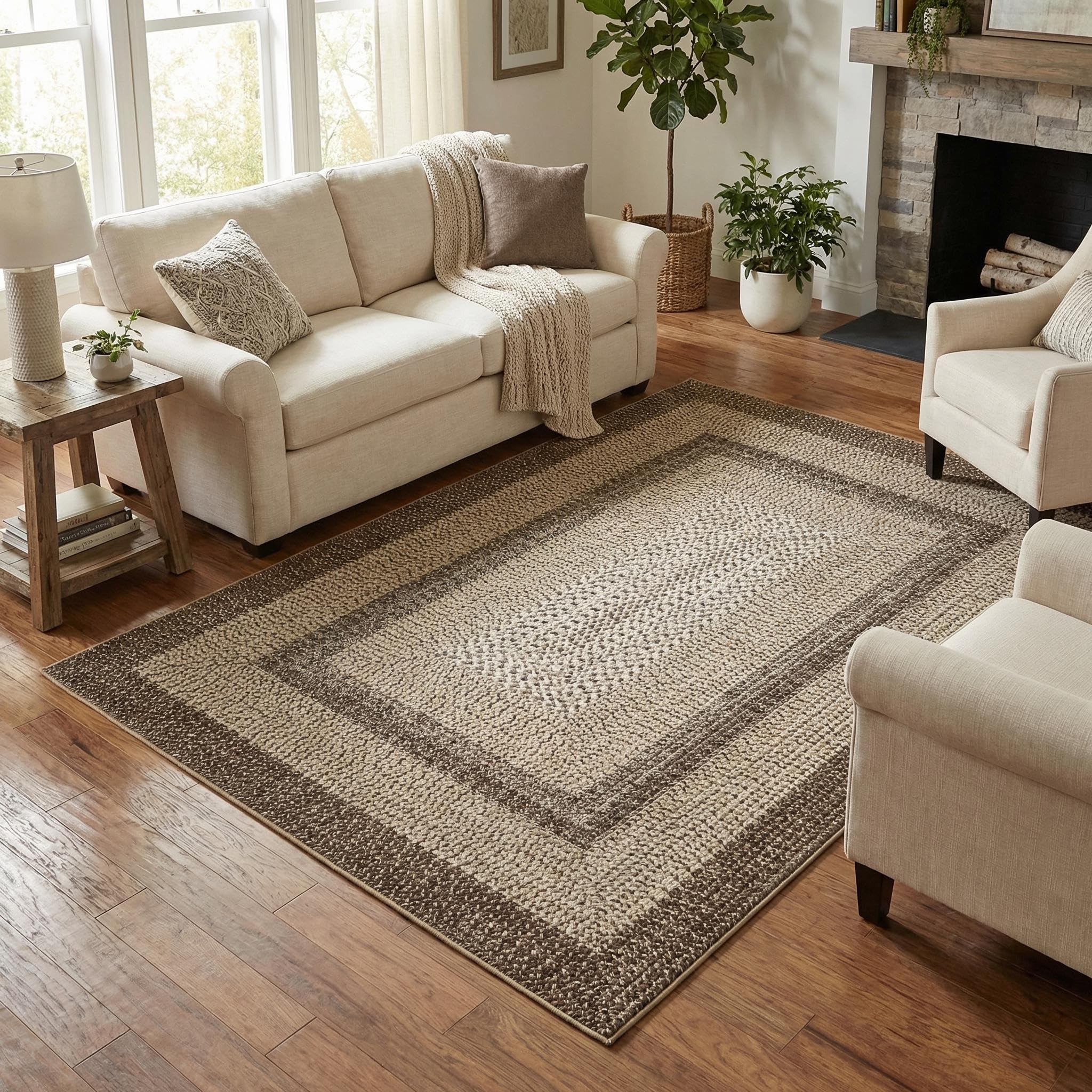 8x10 Natural Braided Washable Farmhouse Rug Non Slip Stain Resistant Low Pile Carpet