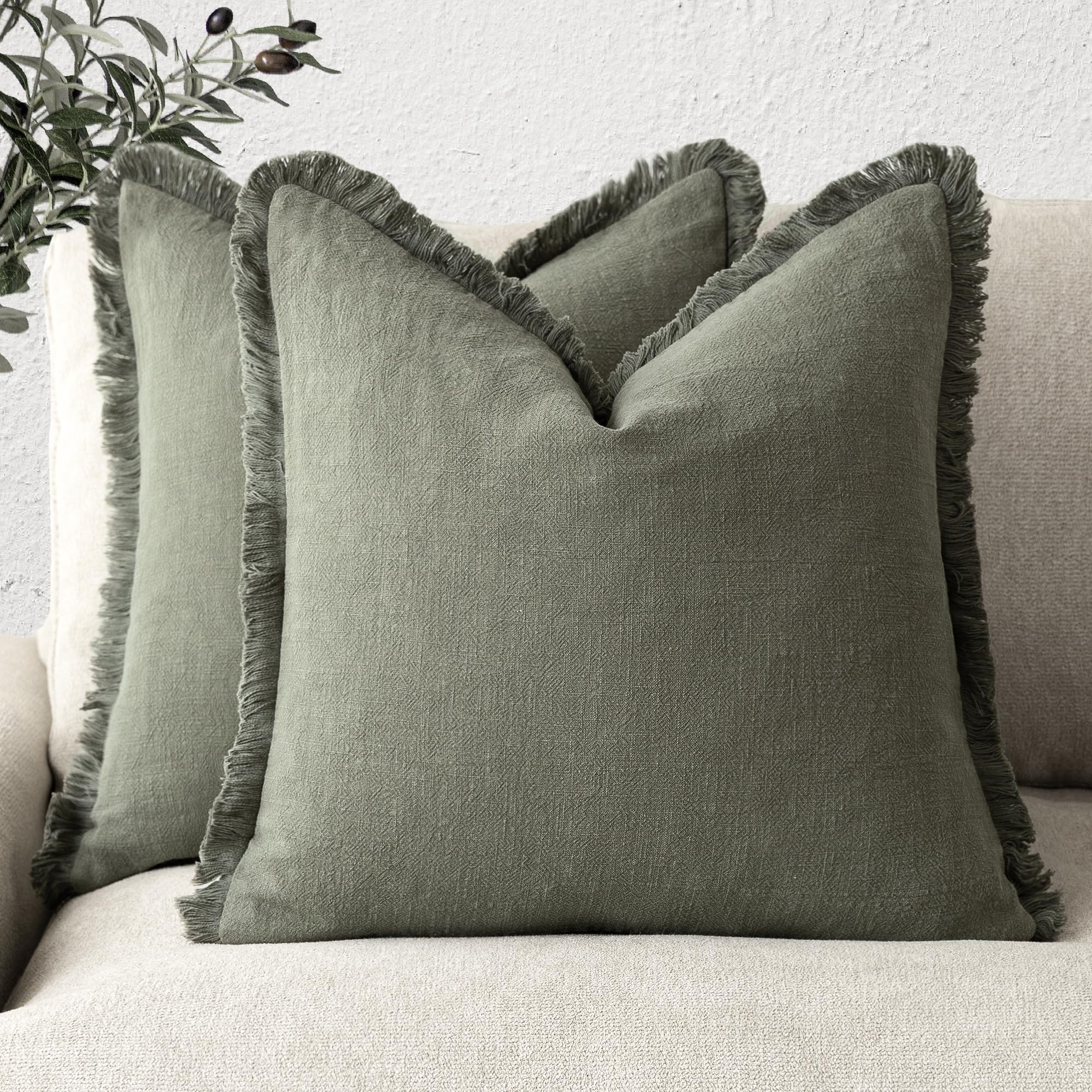 Foindtower Set of 2 Decorative Linen Fringe Throw Pillow Covers Boho Farmhouse Cushion Cover with Tassels Soft Accent Pillowcase for Couch Chair Sofa Bed Living Room Home Decor,20×20 Inch,Sky Blue