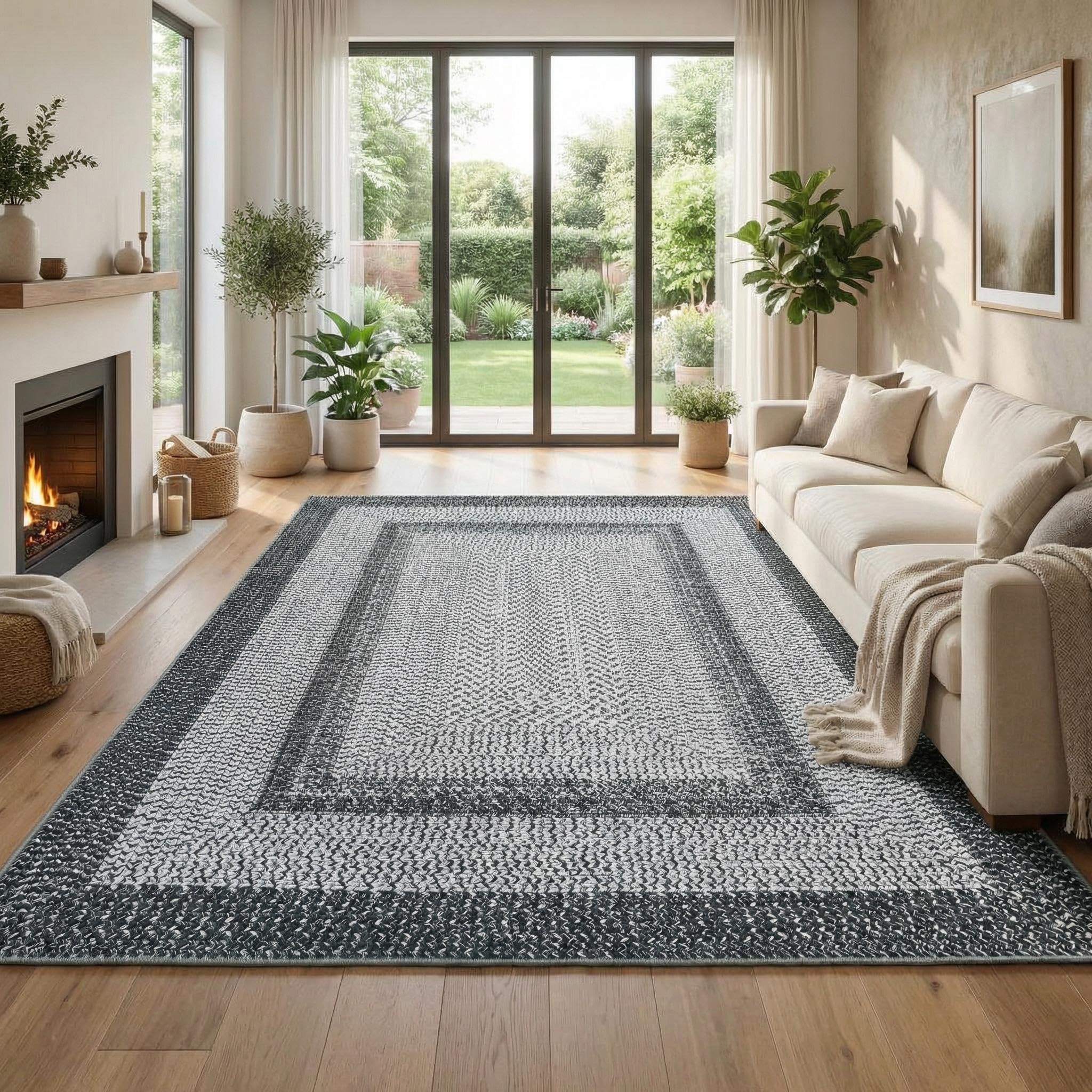 8x10 Natural Braided Washable Farmhouse Rug Non Slip Stain Resistant Low Pile Carpet
