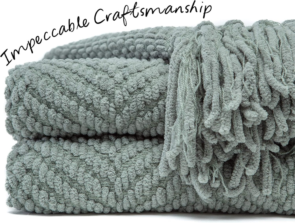 Chanasya Premium Textured Knit Throw Blanket with Tassels - Soft, Cozy Blanket for Couch, Bed, Living Room - 50" x 65” - Tan Sage