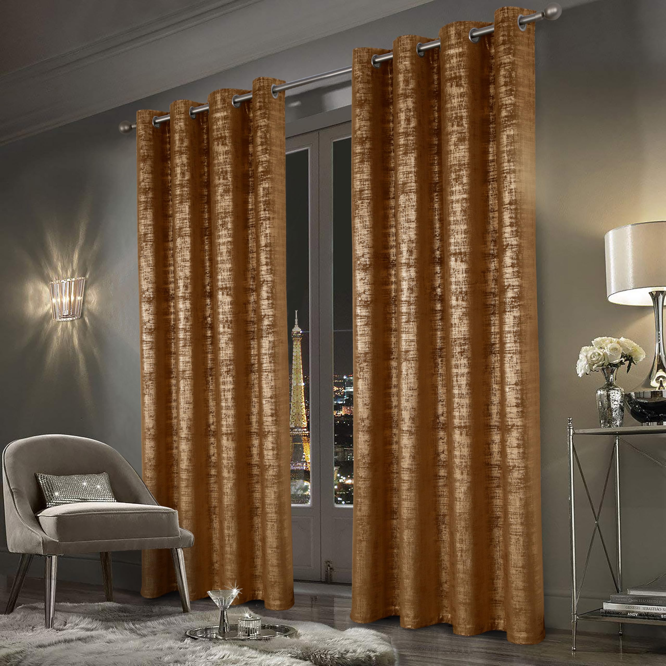 Mocha Velvet 108" Long Curtains with Gold Foil Print Set of 2 Luxury Window Treatments