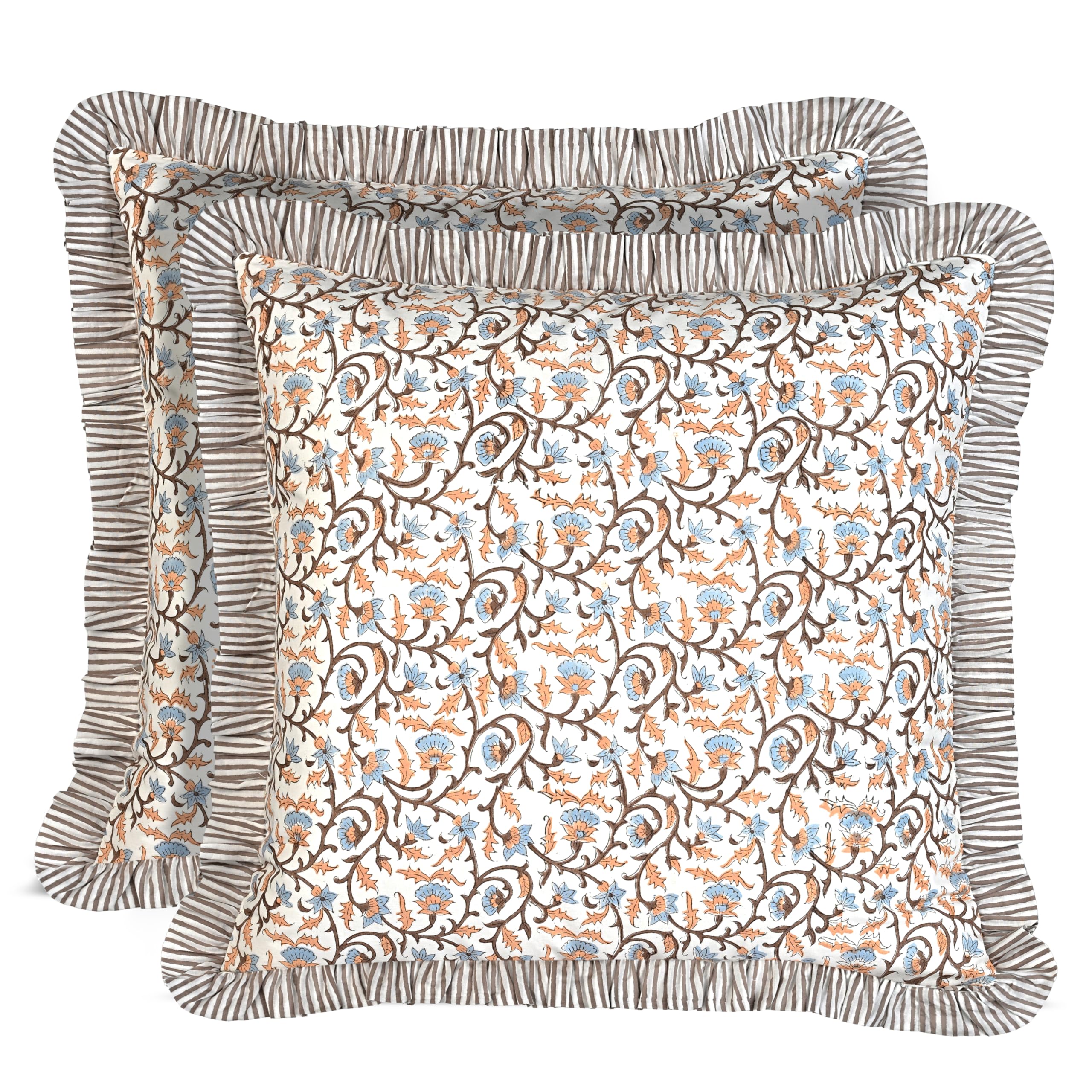 Ridhi Block Print Light Steel Blue Throw Pillow Cover 18" x 18" (Pack of 2) Decorative Cushion Covers with Ruffle for Couch, Sofa, Bed, Living Room, Home Decor Gift for Spring, Easter, Valentine