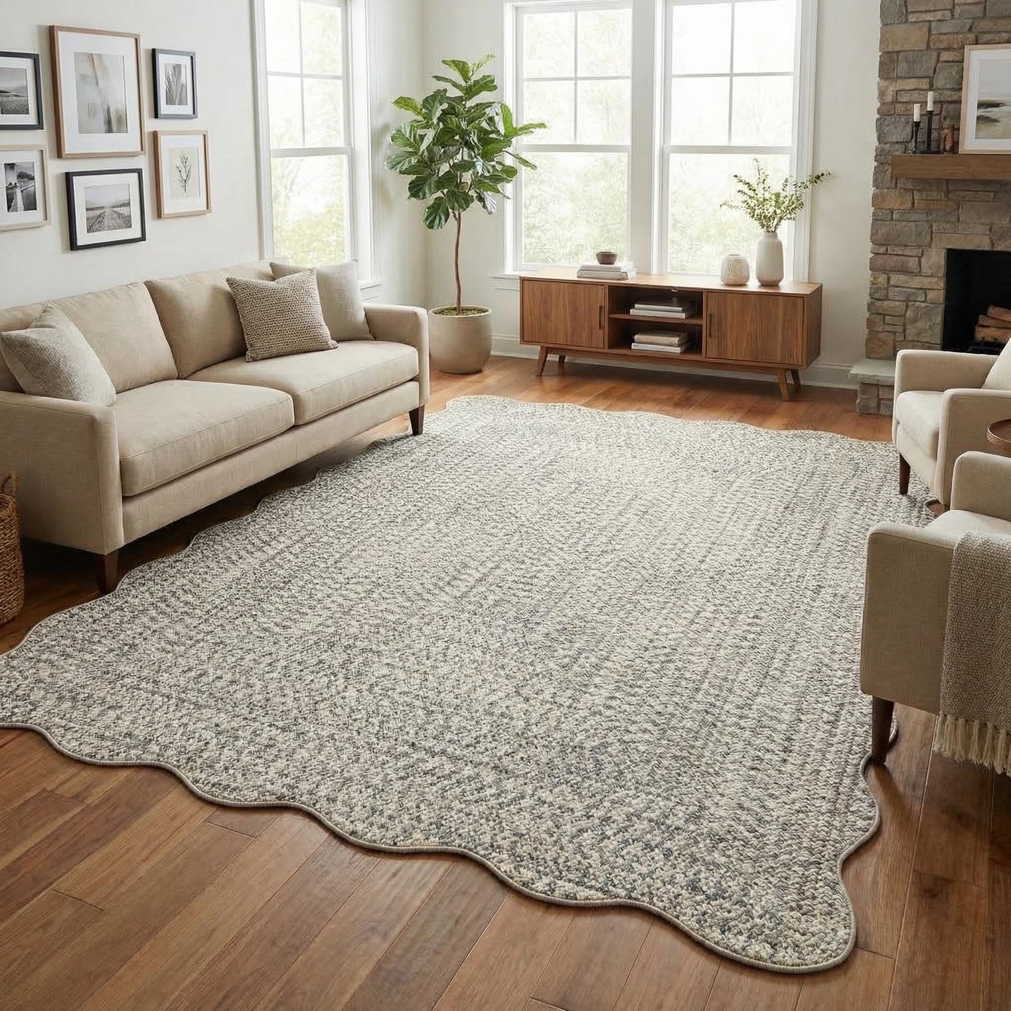 8x10 Natural Braided Washable Farmhouse Rug Non Slip Stain Resistant Low Pile Carpet