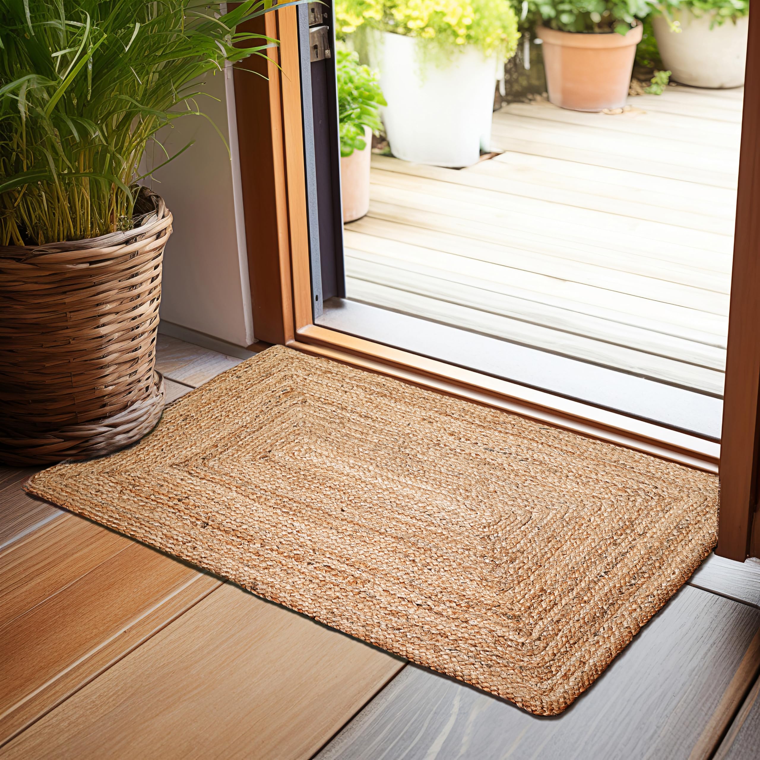 Hausattire Hand Woven Jute Braided Rug, 4’ Round – Natural, Reversible Boho Entry Area Rugs for Kitchen, Living Room I Farmhouse Decorative Floor Rug, 4 Feet Round