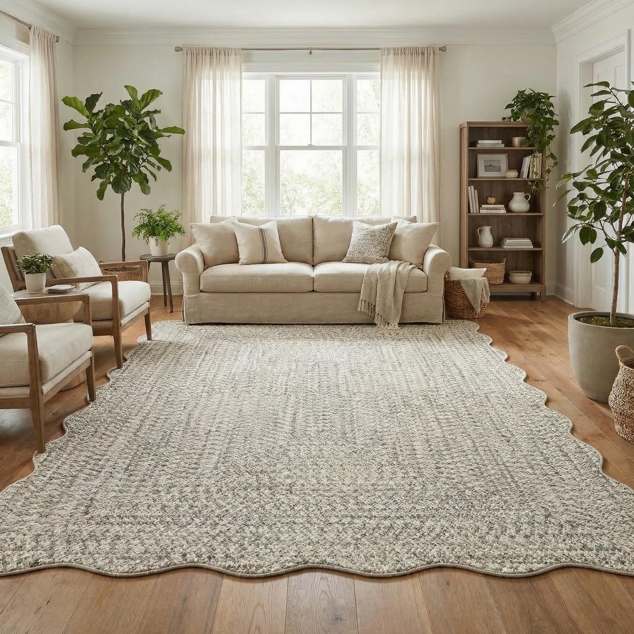 8x10 Natural Braided Washable Farmhouse Rug Non Slip Stain Resistant Low Pile Carpet
