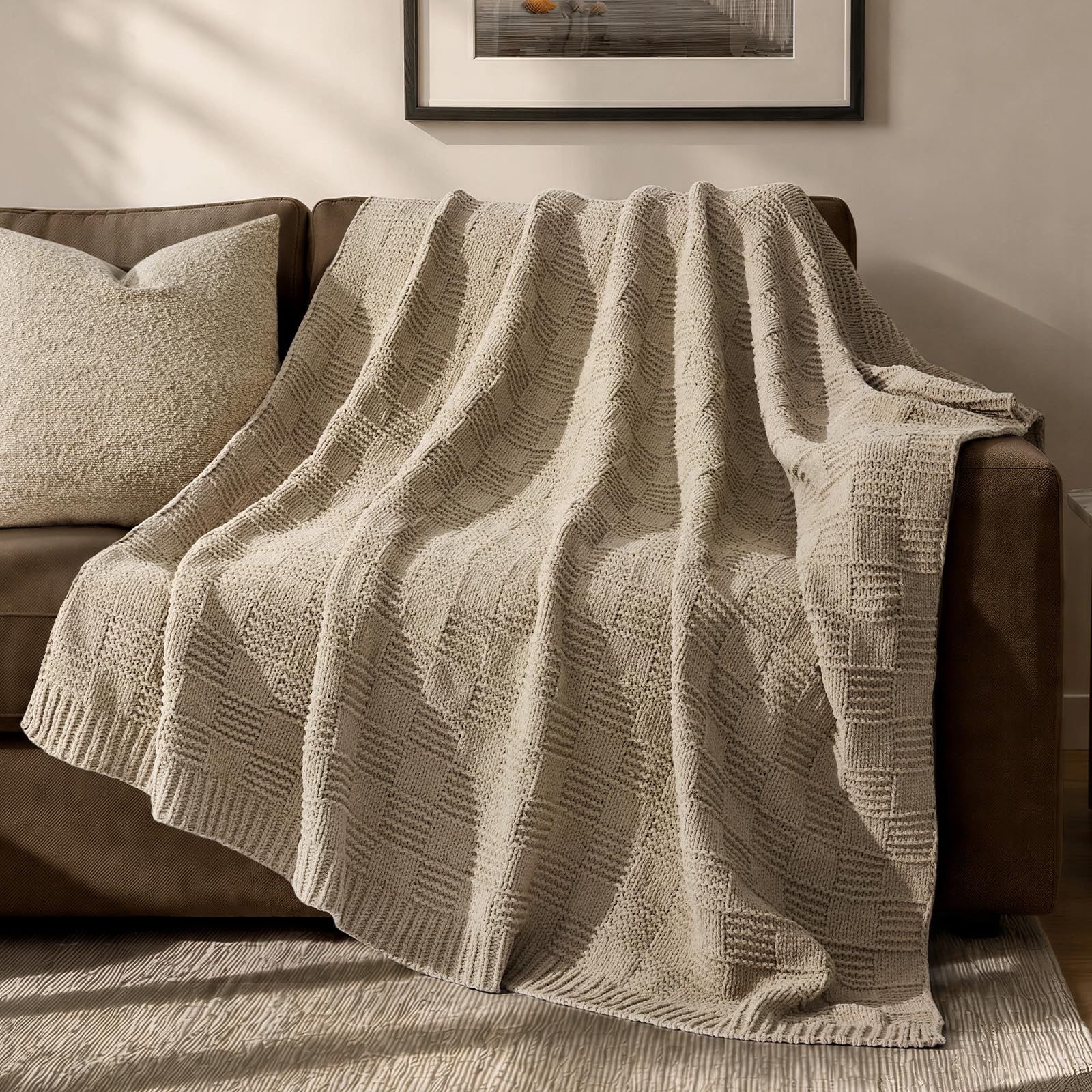 EVERGRACEHOME Chunky Chenille Knit Throw Blanket for Couch, Soft Luxurious Moss Stitch Blankets for Bed, Cozy Decorative Farmhouse Knitted Throws for Sofa, Mocha Brown, 50" x 60"