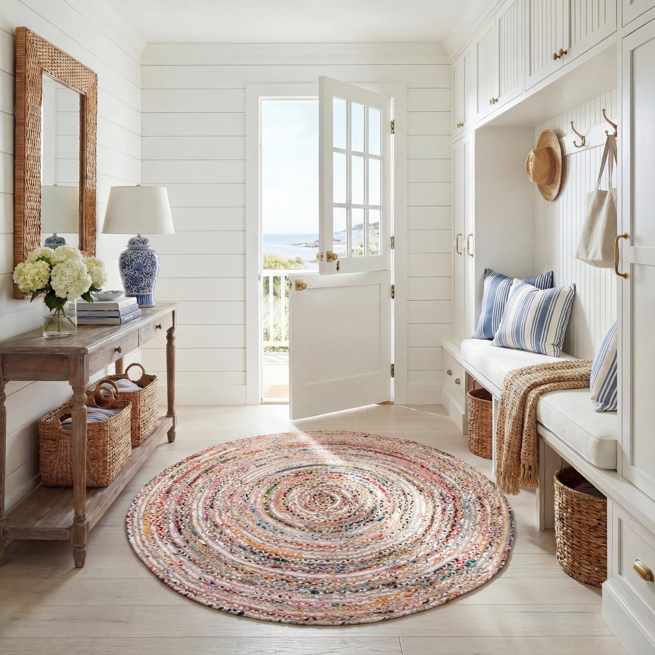 SAFAVIEH Area Rug 4x6 - Cape Cod Collection - Beige & Multi, Handmade Jute & Cotton, Woven Braided Design (CAP202B)