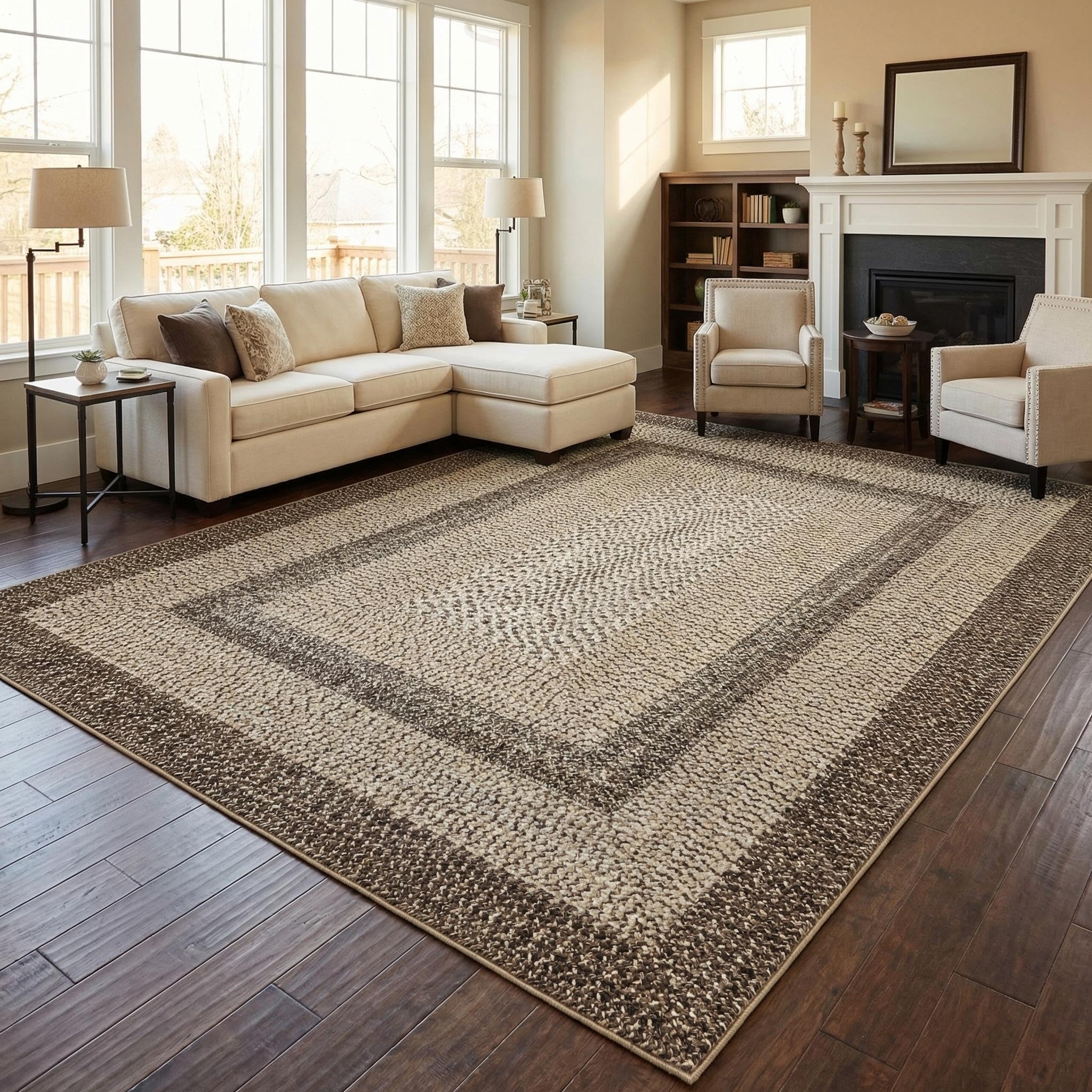 8x10 Natural Braided Washable Farmhouse Rug Non Slip Stain Resistant Low Pile Carpet