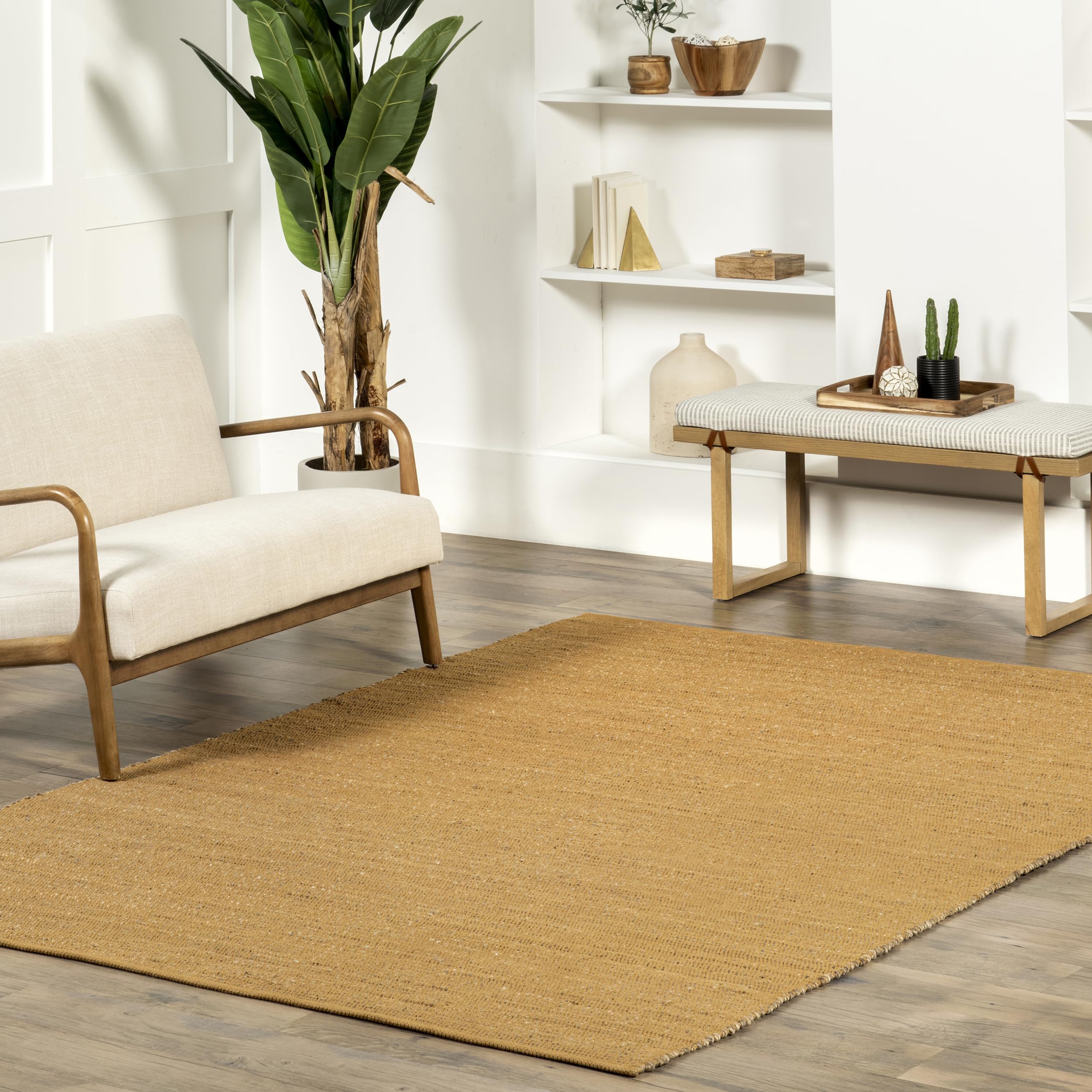 nuLOOM 5x8 Elfriede Jute & Cotton Hand Woven Area Rug, Natural, Solid Rustic Farmhouse Style, Weaved Design, Natural Fiber, For Bedroom, Living Room, Dining Room, Hallway, Office, Entryway