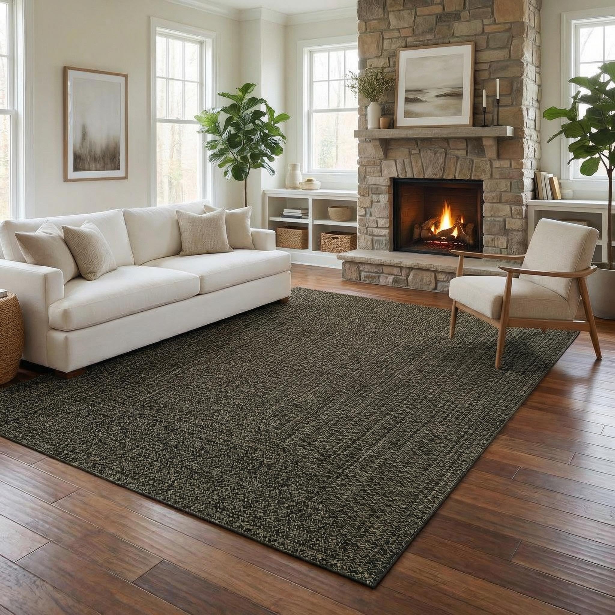 8x10 Natural Braided Washable Farmhouse Rug Non Slip Stain Resistant Low Pile Carpet