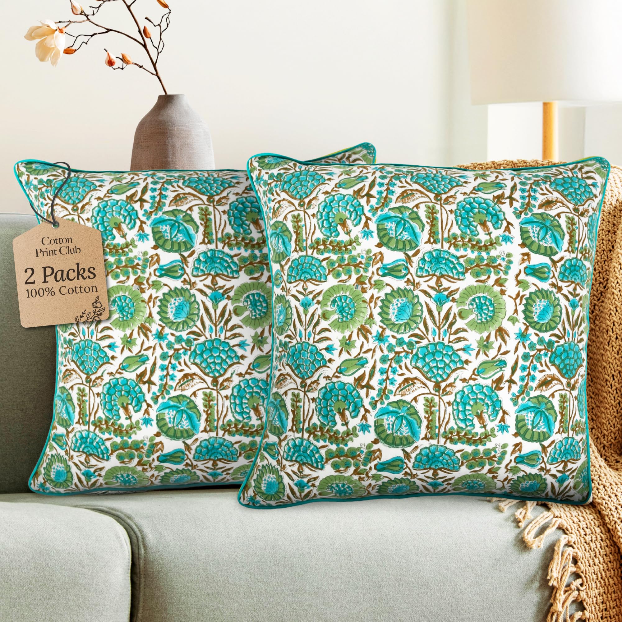 CPC 100% Cotton Throw Pillow Covers 24x24 Inch, Set of 2 Green Block Print Pattern Couch Pillow, Cute Boho Decorative Pillows for Living Room, Bedroom with Hidden Zipper- Emerald Green