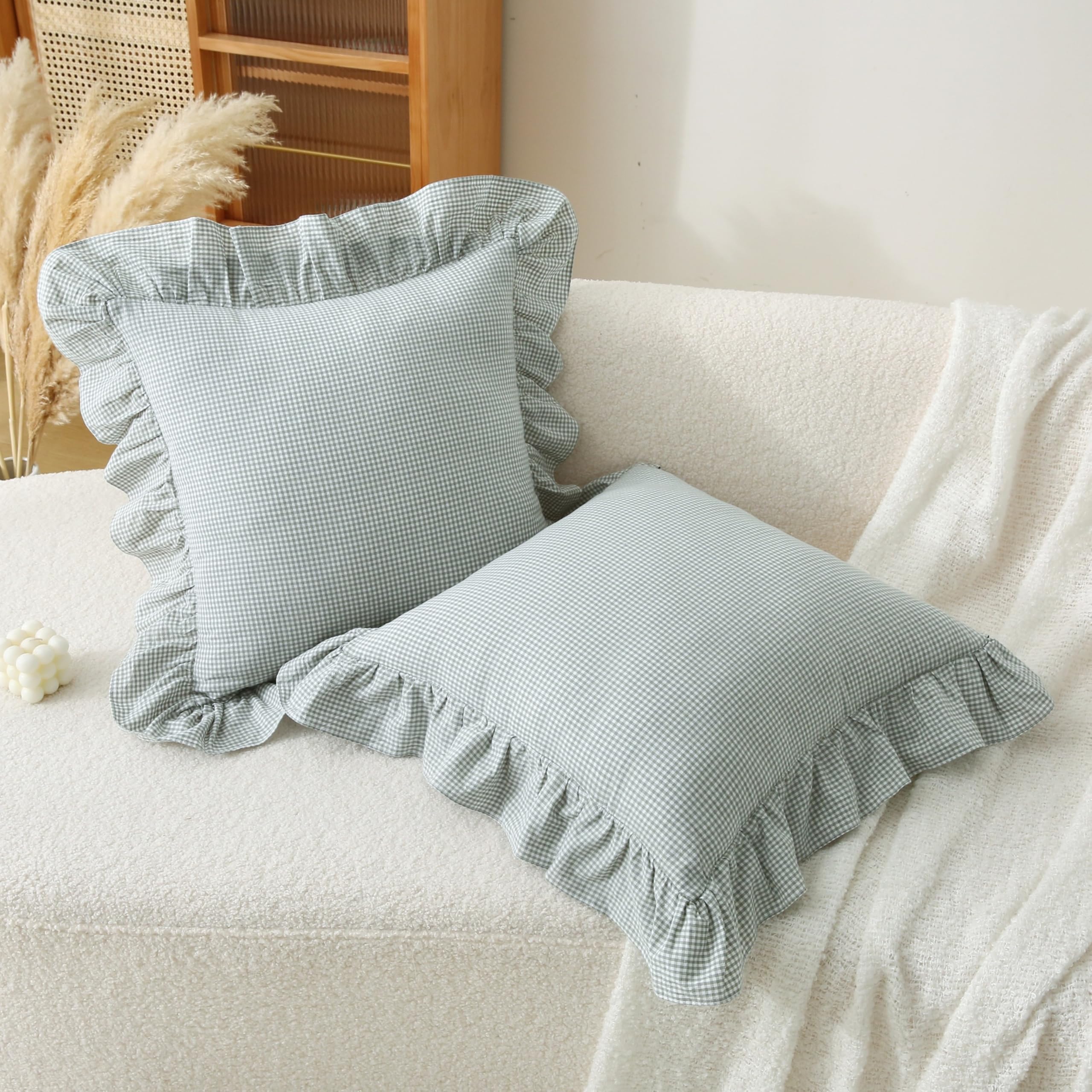18x18 Taupe White Checkered Cotton Pillow Covers Ruffle Trim Zipper Decor Cushion Cases Set of 2