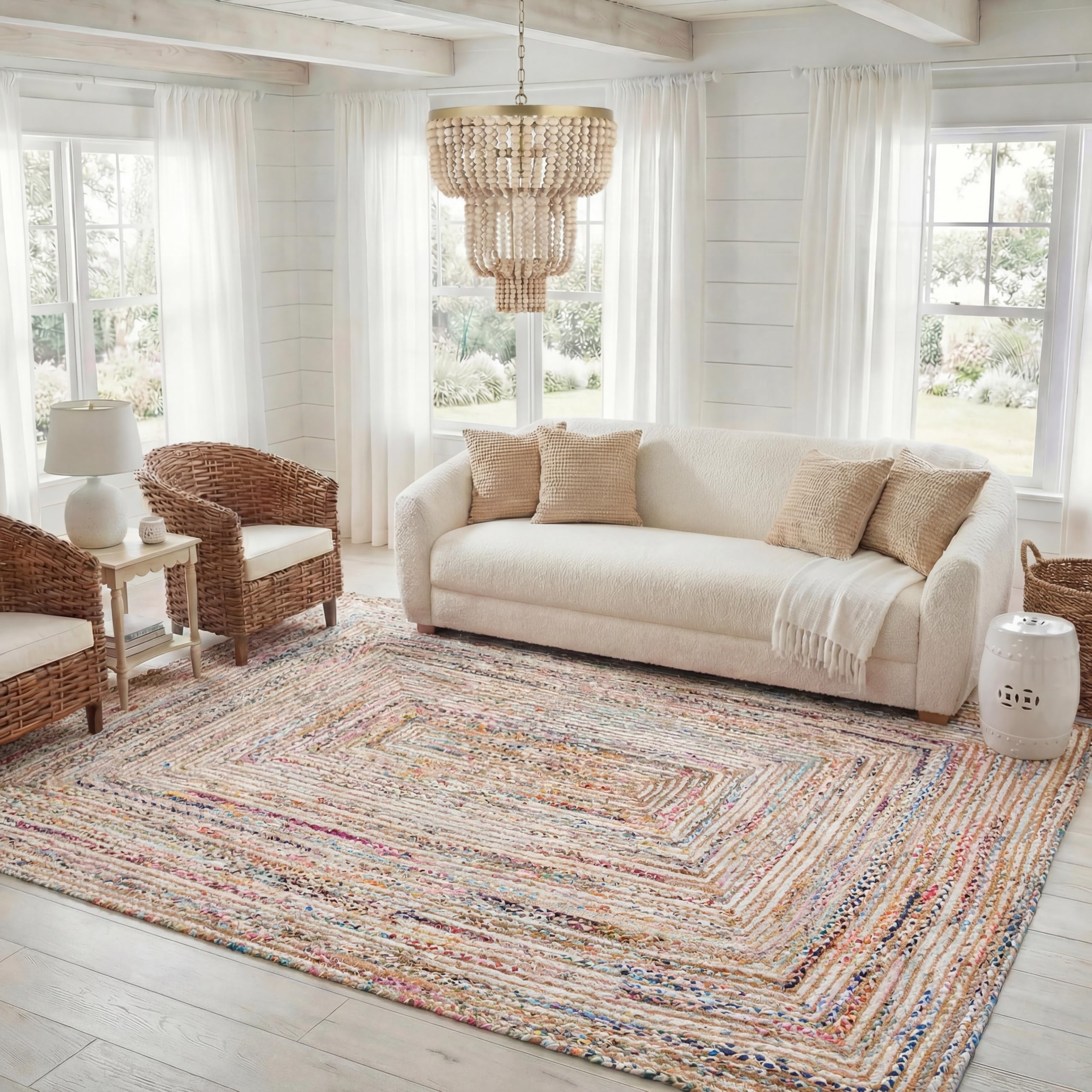 SAFAVIEH Area Rug 4x6 - Cape Cod Collection - Beige & Multi, Handmade Jute & Cotton, Woven Braided Design (CAP202B)