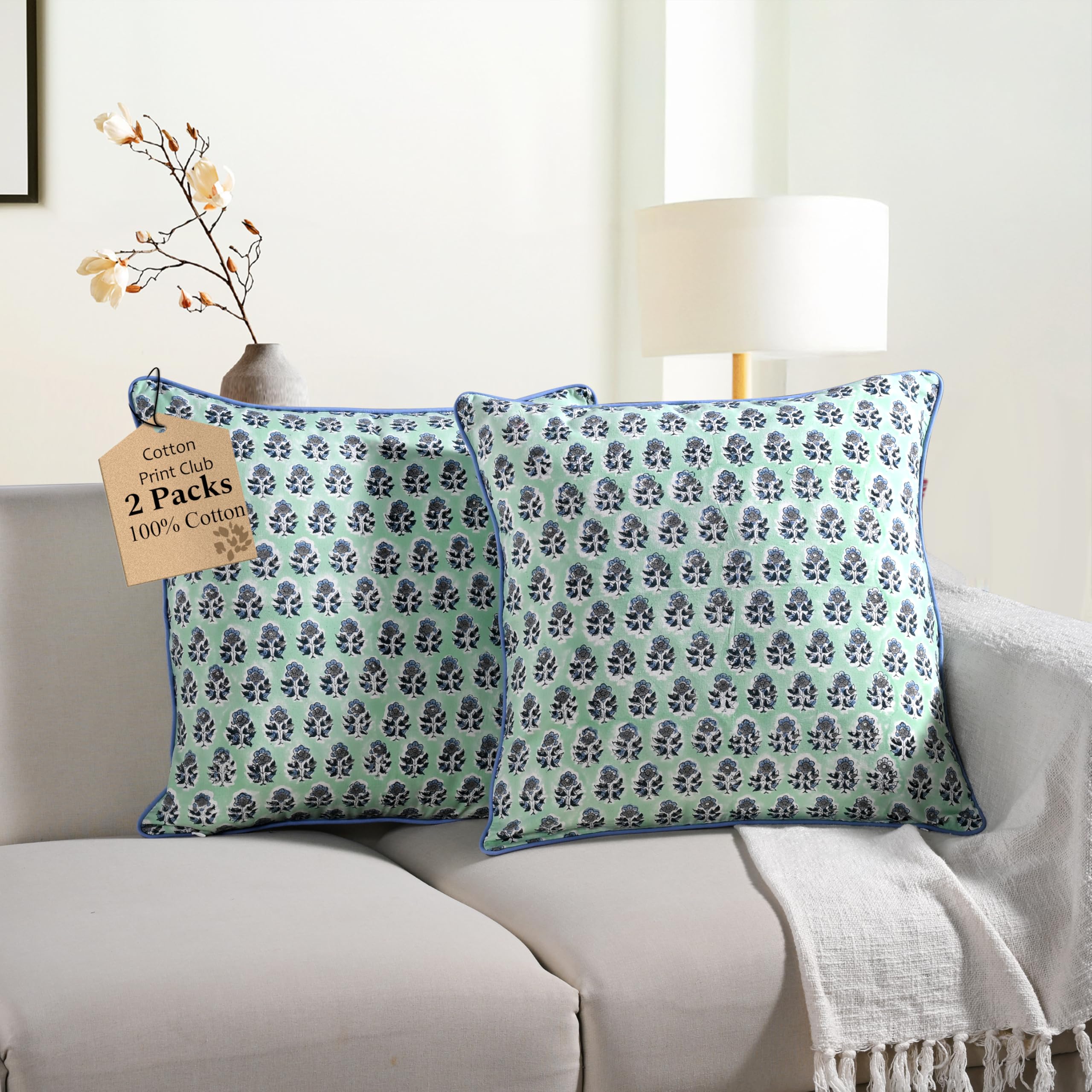 CPC 100% Cotton Throw Pillow Covers 24x24 Inch, Set of 2 Green Block Print Pattern Couch Pillow, Cute Boho Decorative Pillows for Living Room, Bedroom with Hidden Zipper- Emerald Green