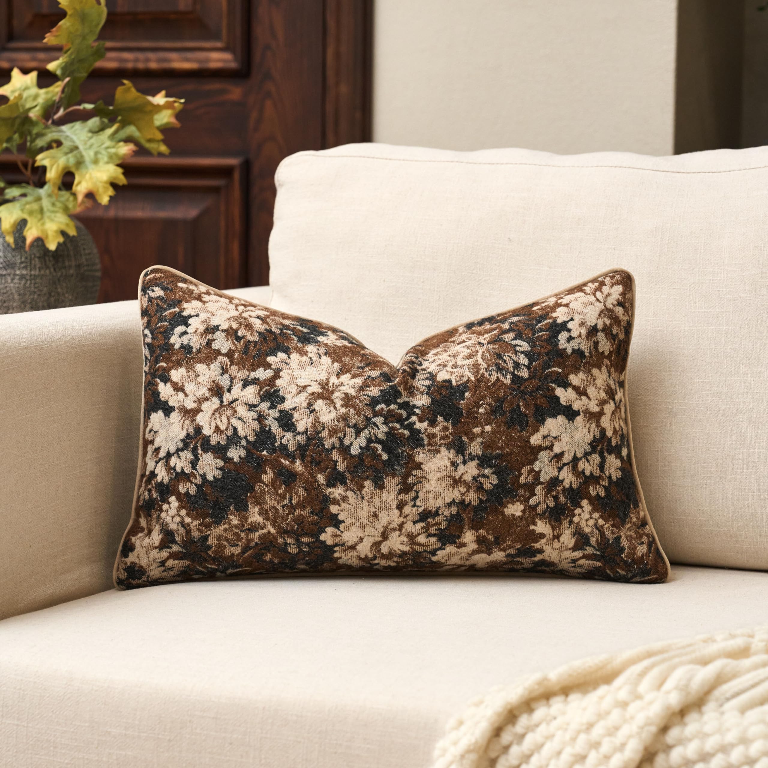 Yangest Neutral Floral Pillow Cover 24 x 24 Inches, Vintage Chenille Square Throw Pillow Cover Soft Decorative Farmhouse Accent Couch Pillow Cover for Living Room Bedroom, Coffee Brown