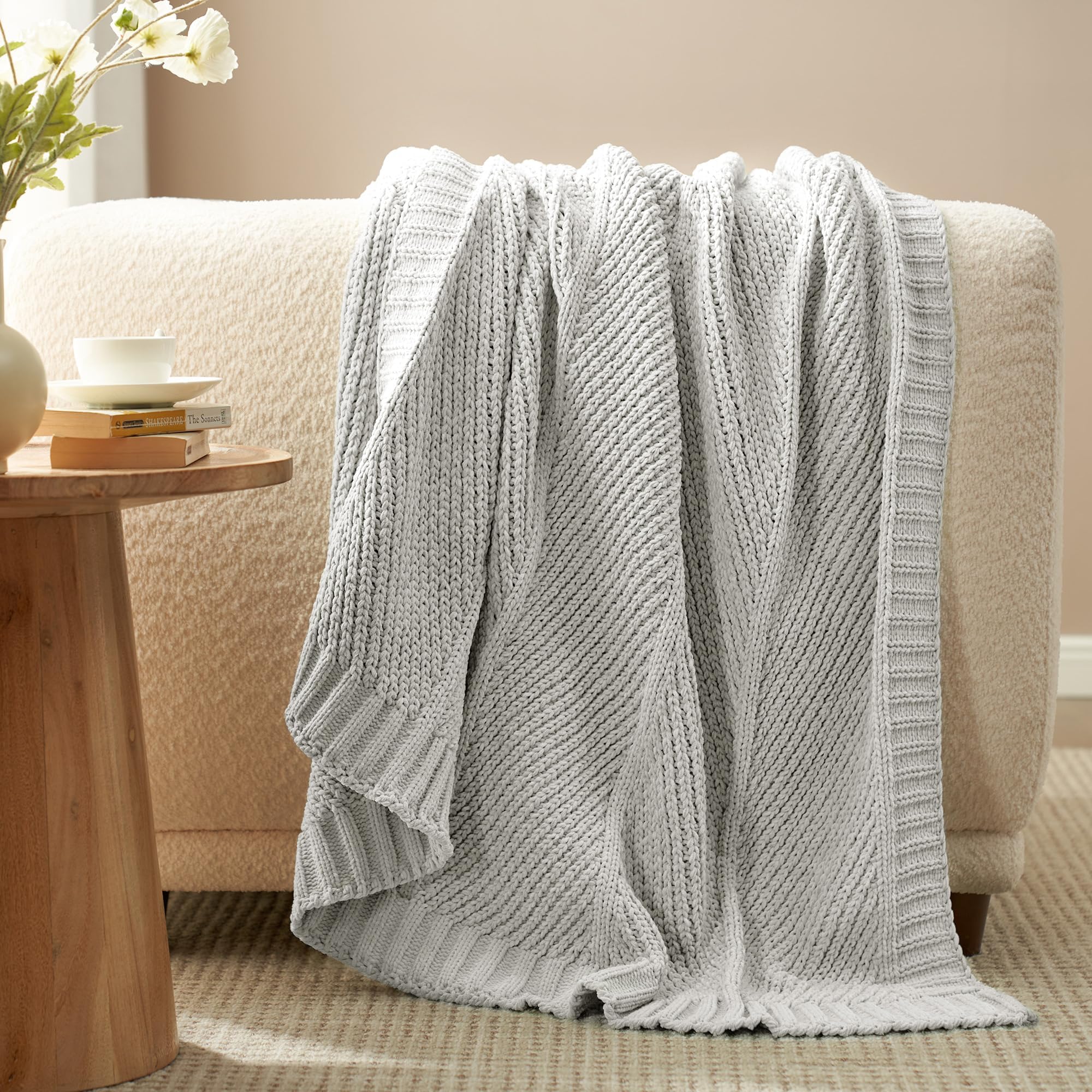 Sage Green Chunky Chenille Knit Throw Blanket 50x60 Inch Checkered Decor Blanket for Couch Bed