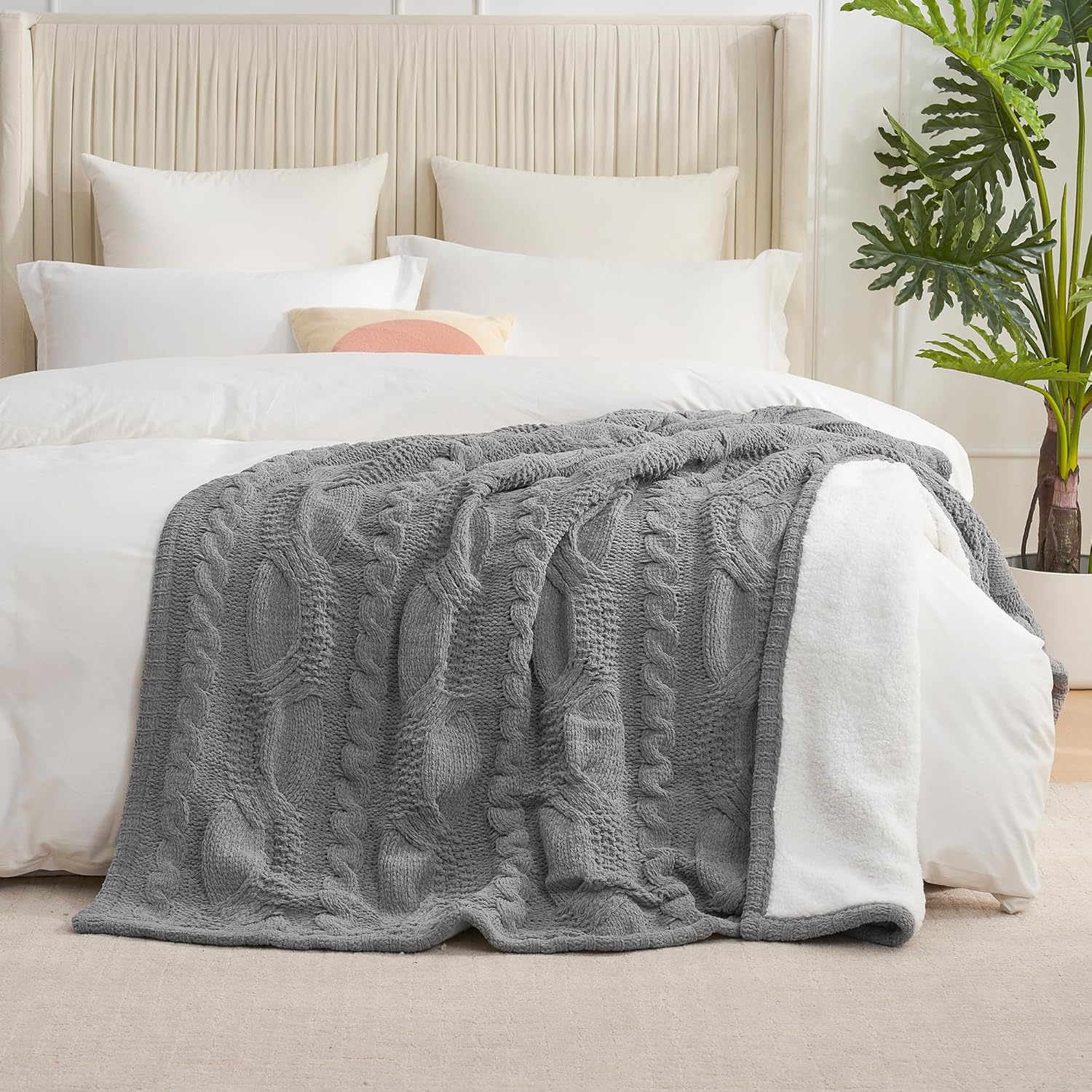 Amélie Home Cable Knit Throw Blanket for Couch, Chenille Sherpa Soft Cozy Throw Blankets for Sofa Chair Comfortable Home, 50"x60", Gray