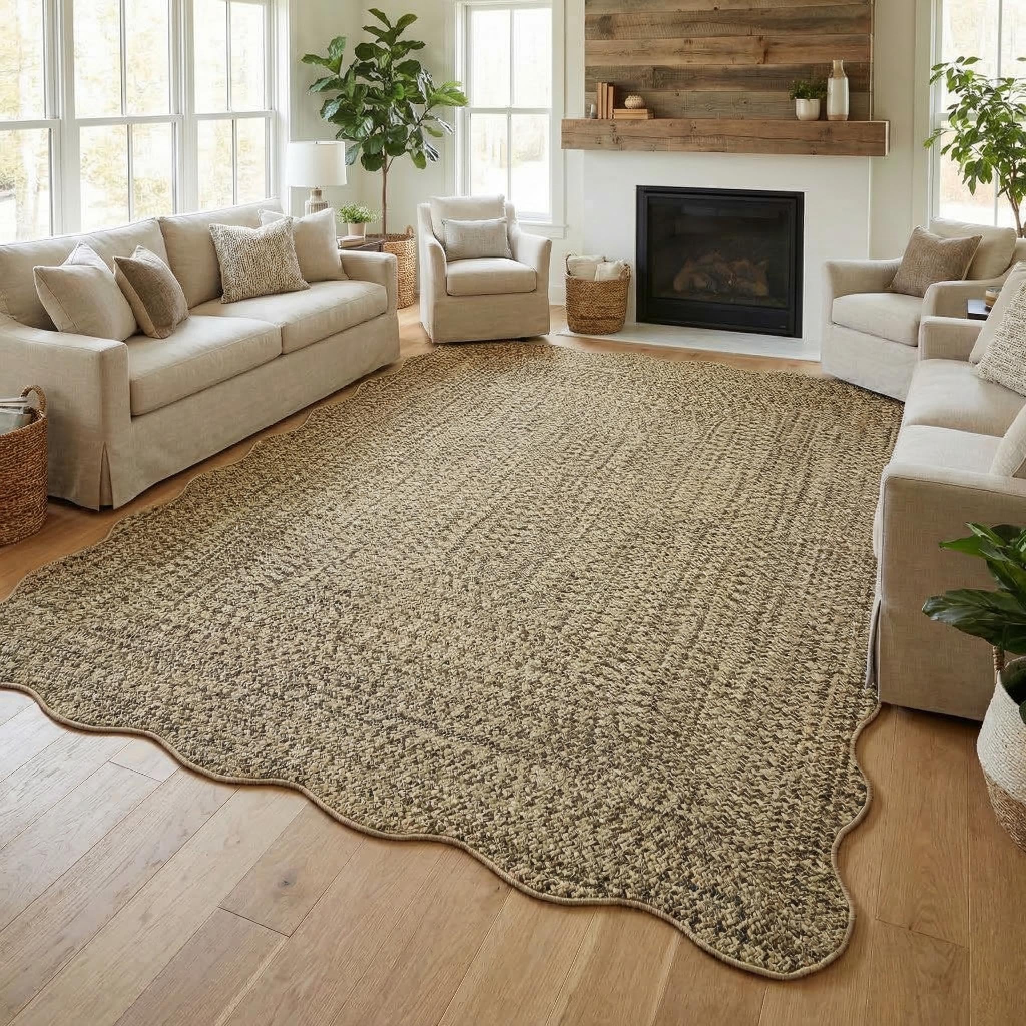 8x10 Natural Braided Washable Farmhouse Rug Non Slip Stain Resistant Low Pile Carpet