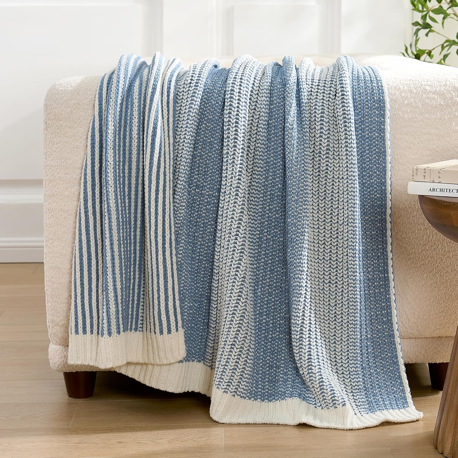 Amélie Home Premium Chenille Throw Blanket, Soft Cozy Luxury Two-Tone Knit Blanket for Couch, Sofa, Chair, Home Decor, Blue & Ivory 50"x60"