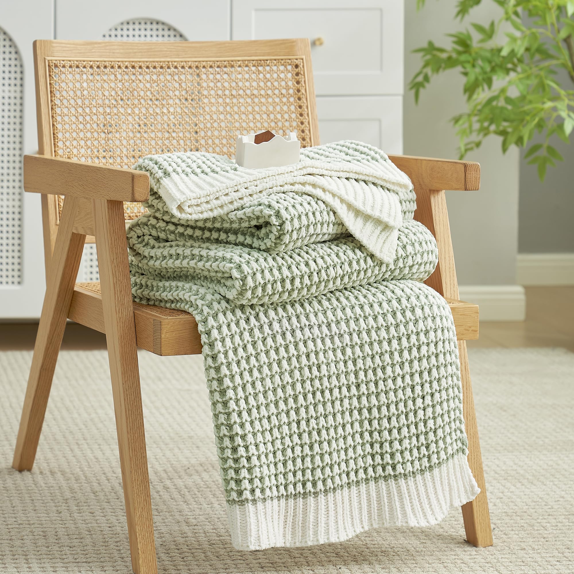 Sage Green Chunky Chenille Knit Throw Blanket 50x60 Inch Checkered Decor Blanket for Couch Bed