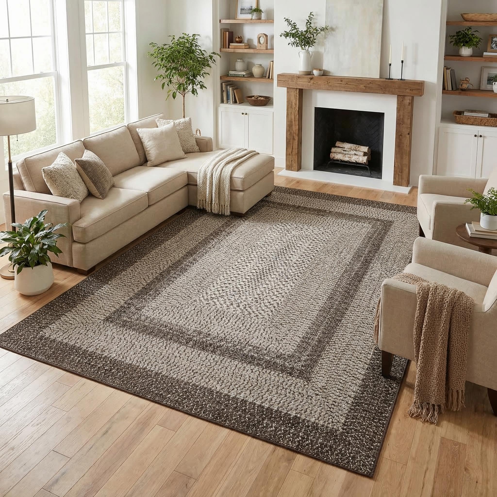 8x10 Natural Braided Washable Farmhouse Rug Non Slip Stain Resistant Low Pile Carpet