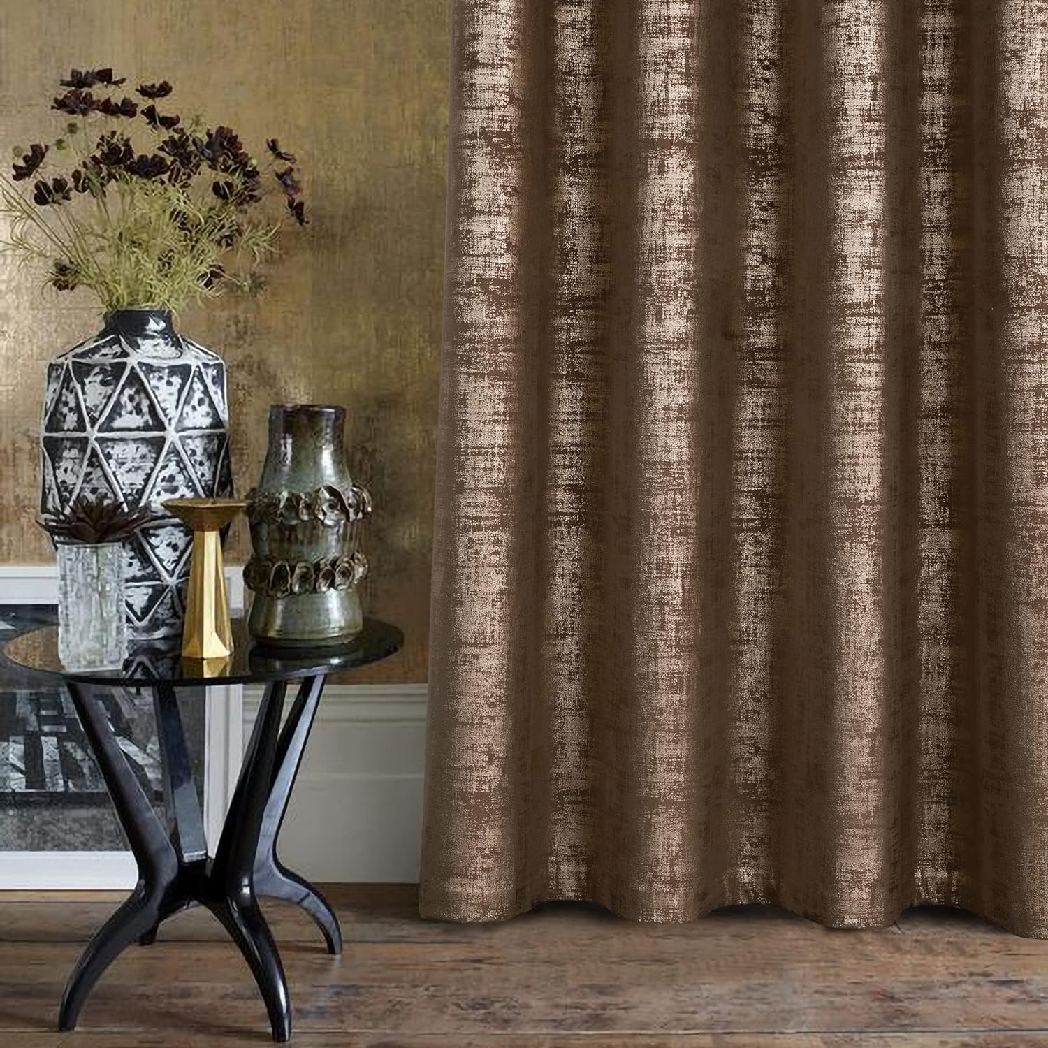 Mocha Velvet 108" Long Curtains with Gold Foil Print Set of 2 Luxury Window Treatments