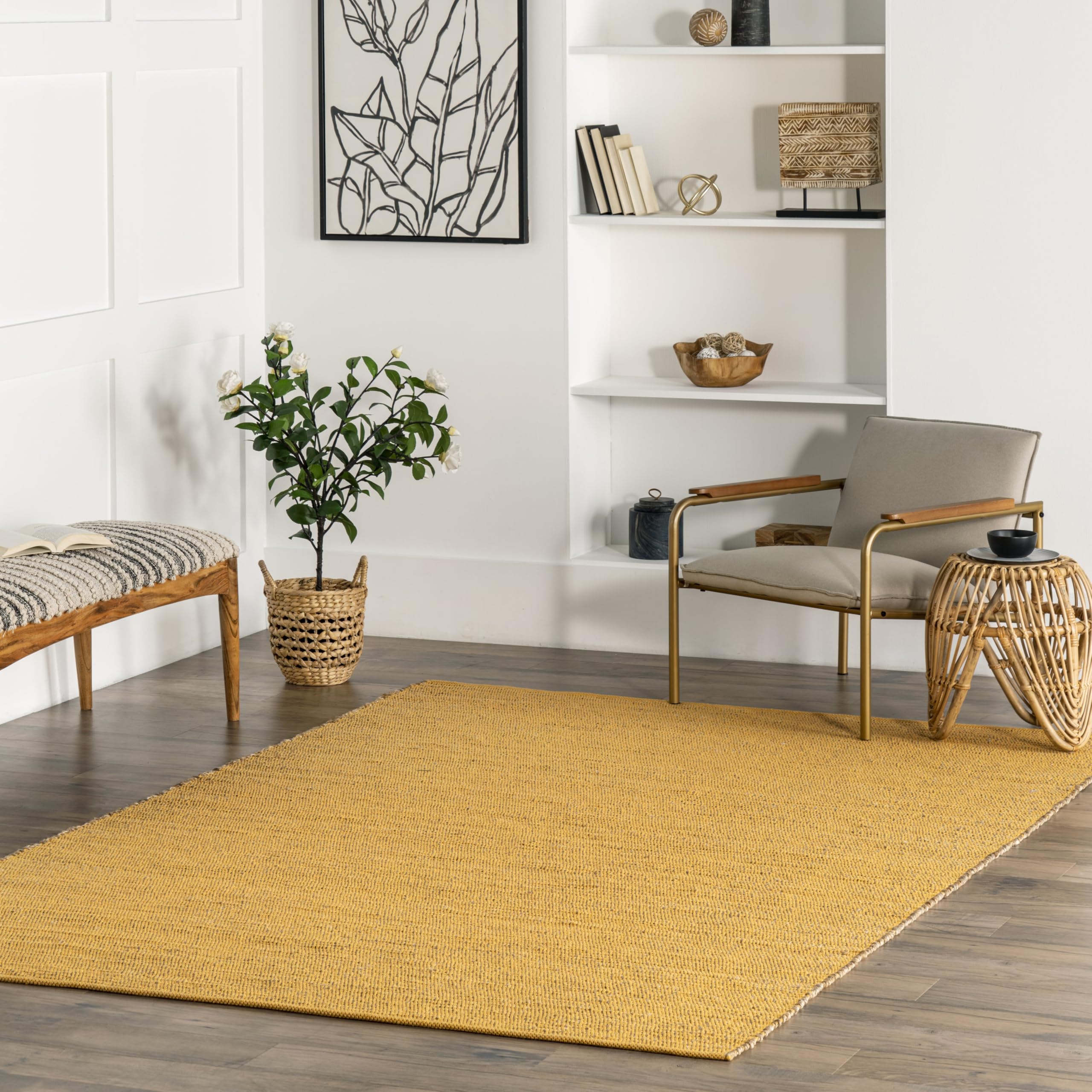 nuLOOM 5x8 Elfriede Jute & Cotton Hand Woven Area Rug, Natural, Solid Rustic Farmhouse Style, Weaved Design, Natural Fiber, For Bedroom, Living Room, Dining Room, Hallway, Office, Entryway