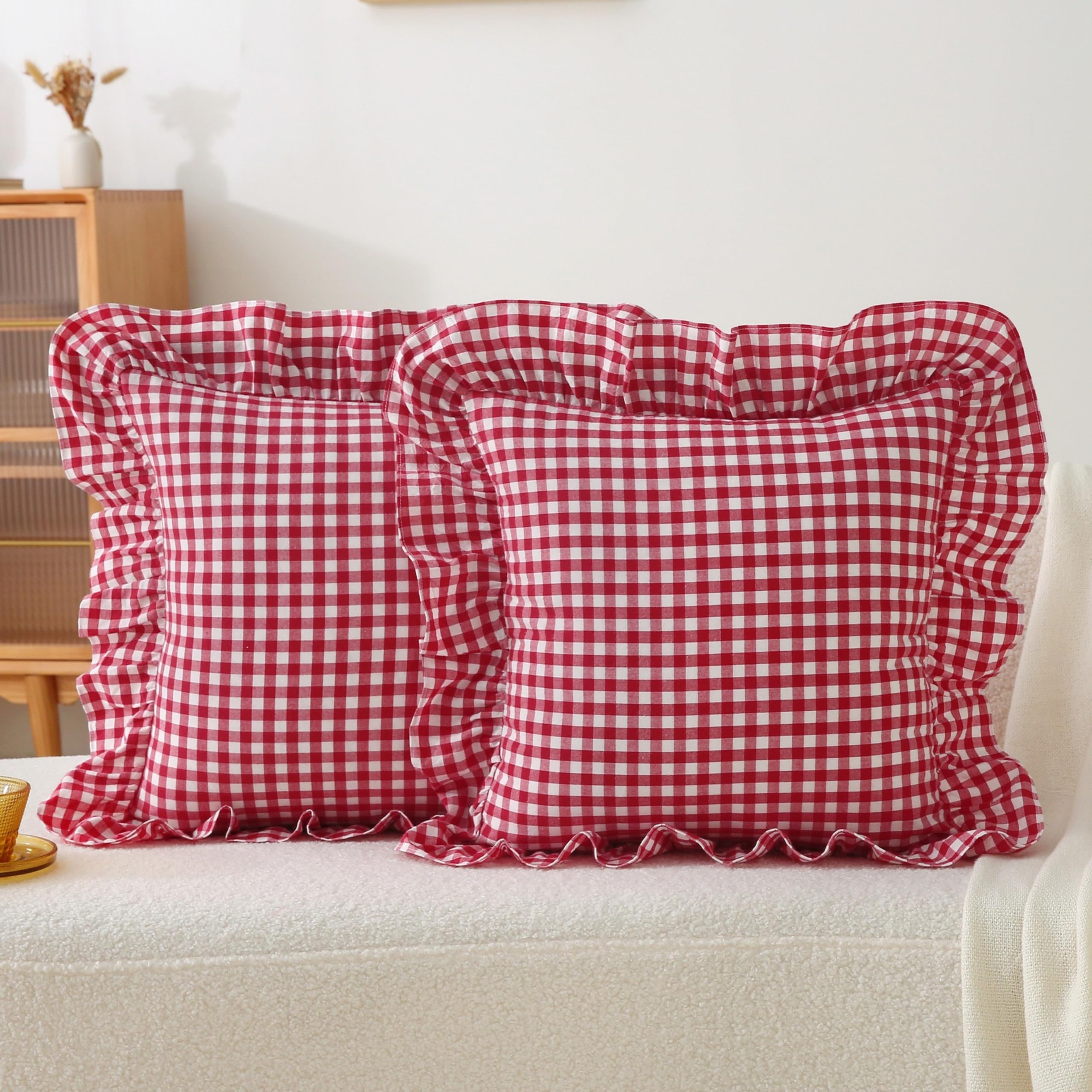 18x18 Taupe White Checkered Cotton Pillow Covers Ruffle Trim Zipper Decor Cushion Cases Set of 2