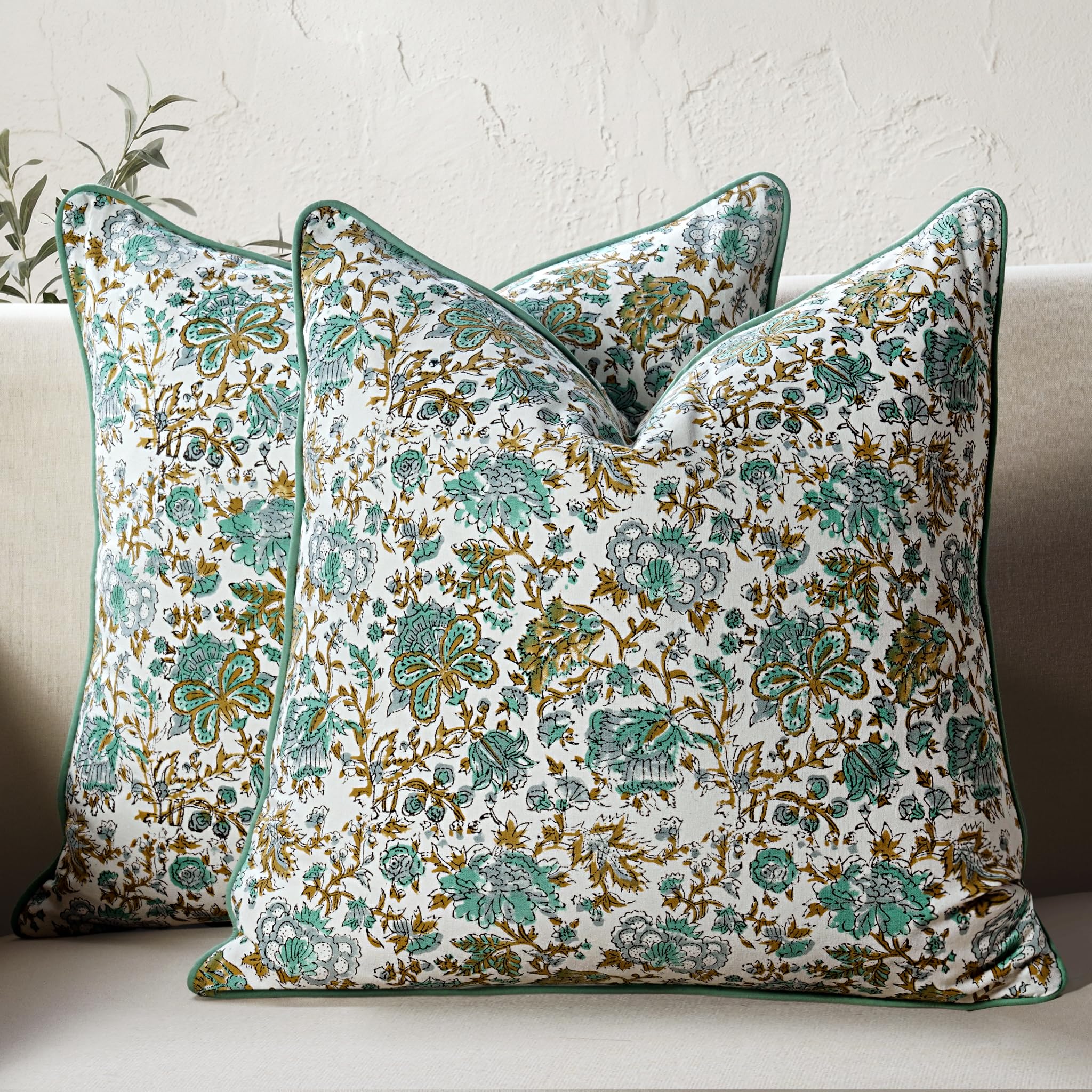 CPC 100% Cotton Throw Pillow Covers 24x24 Inch, Set of 2 Green Block Print Pattern Couch Pillow, Cute Boho Decorative Pillows for Living Room, Bedroom with Hidden Zipper- Emerald Green