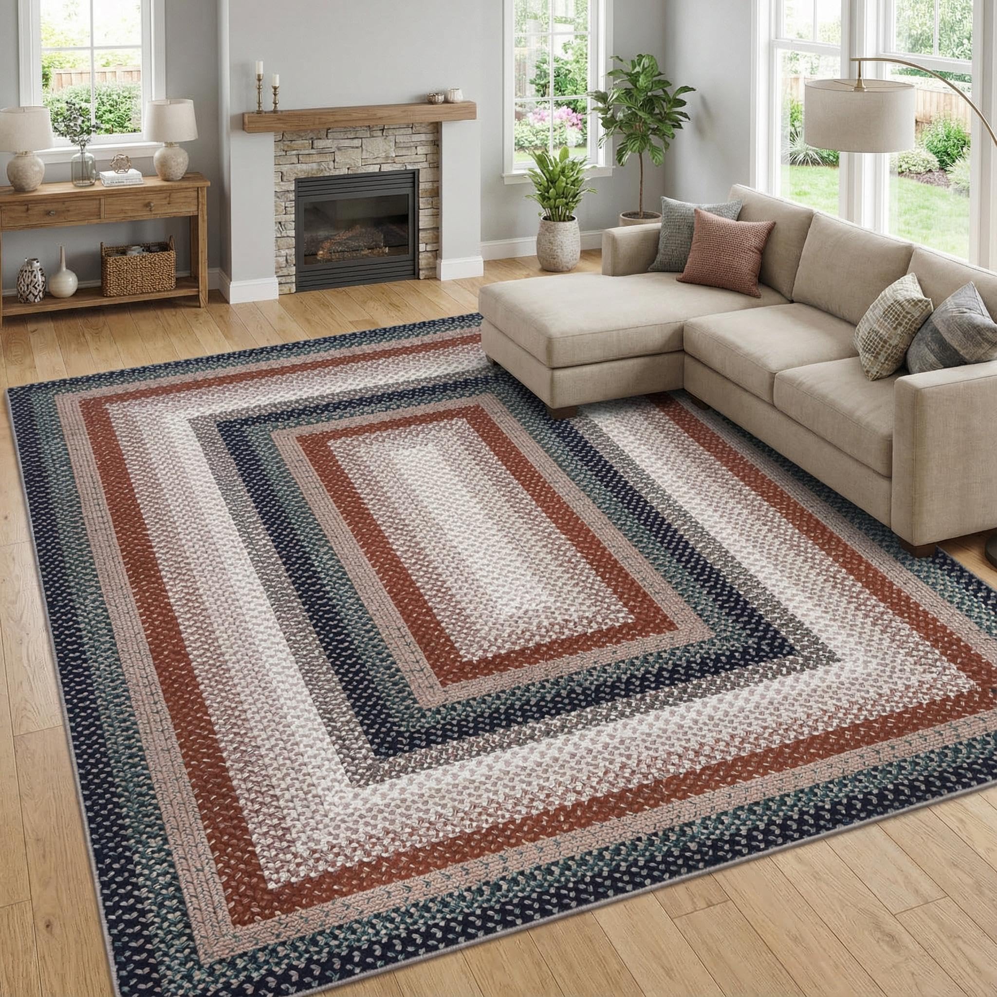 8x10 Natural Braided Washable Farmhouse Rug Non Slip Stain Resistant Low Pile Carpet