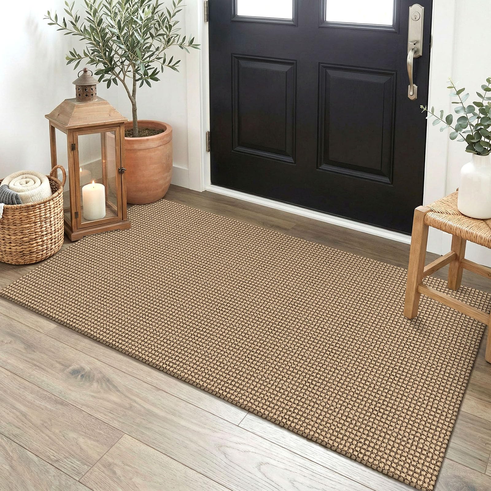 EARTHALL Woven Area Rug 4x6 Ft Washable Rugs for Entryway Non Slip Braided Throw Rugs Bedroom Carpet Cotton Entry Rug Cotton Floor Carpets for Bedroom Dining Room Living Room, Orange/Tan/Brown